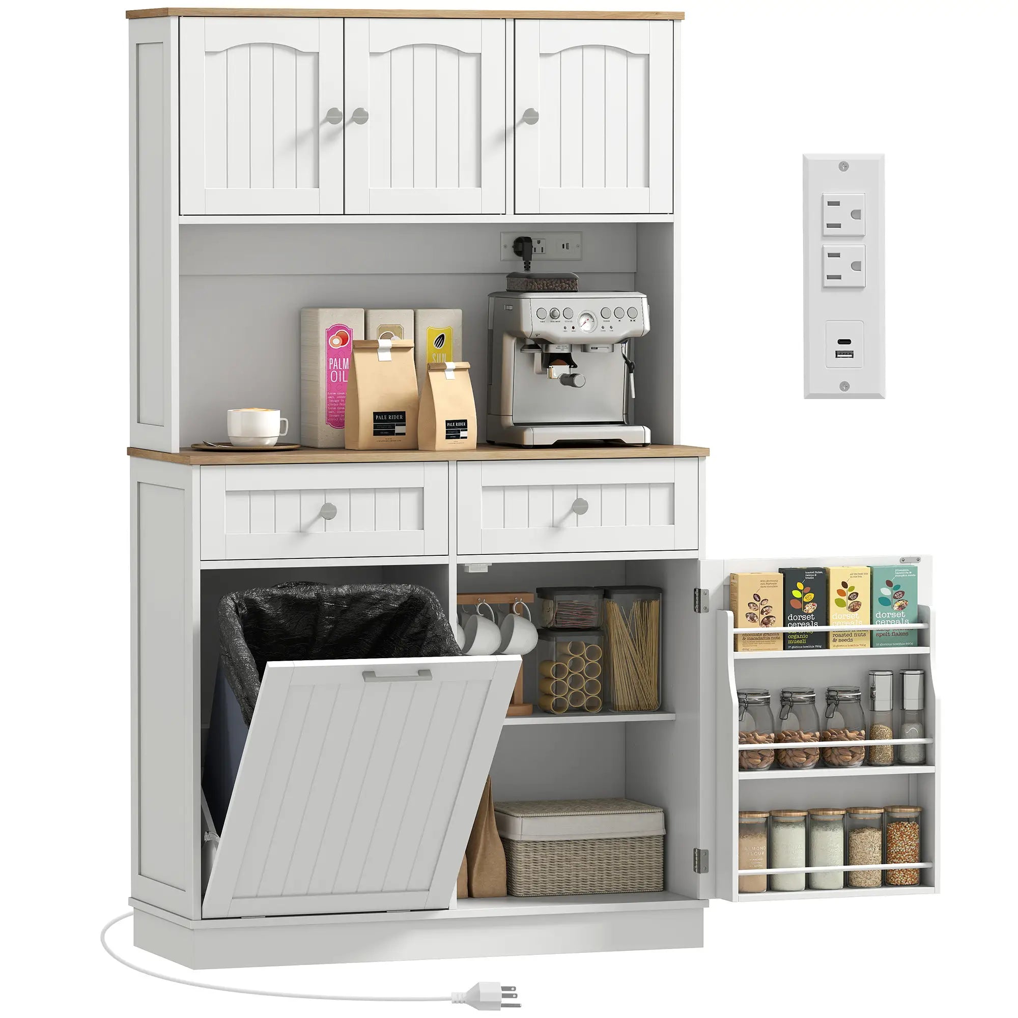 68 Inch Pantry Cabinet with Charging Station, Microwave Stand, Trash Can, White Kitchen Pantry Cabinets at Gallery Canada