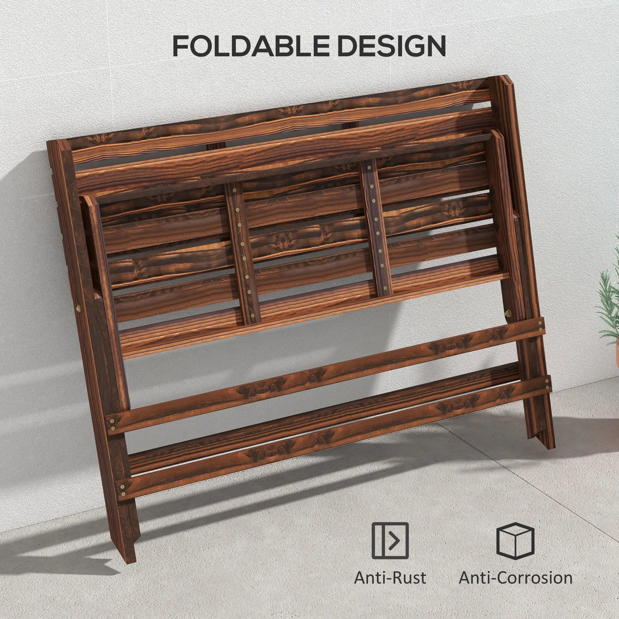 2-Seater Wooden Outdoor Bench, Foldable, Slatted Backrest, Carbonised Finish Outdoor Benches at Gallery Canada