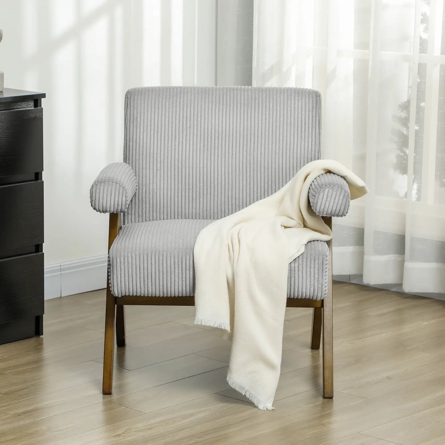 Corduroy Accent Chair Armchair with Wide Seat and Soft Padded Armrests for Reading, Bedroom, Light Grey Accent Chairs at Gallery Canada