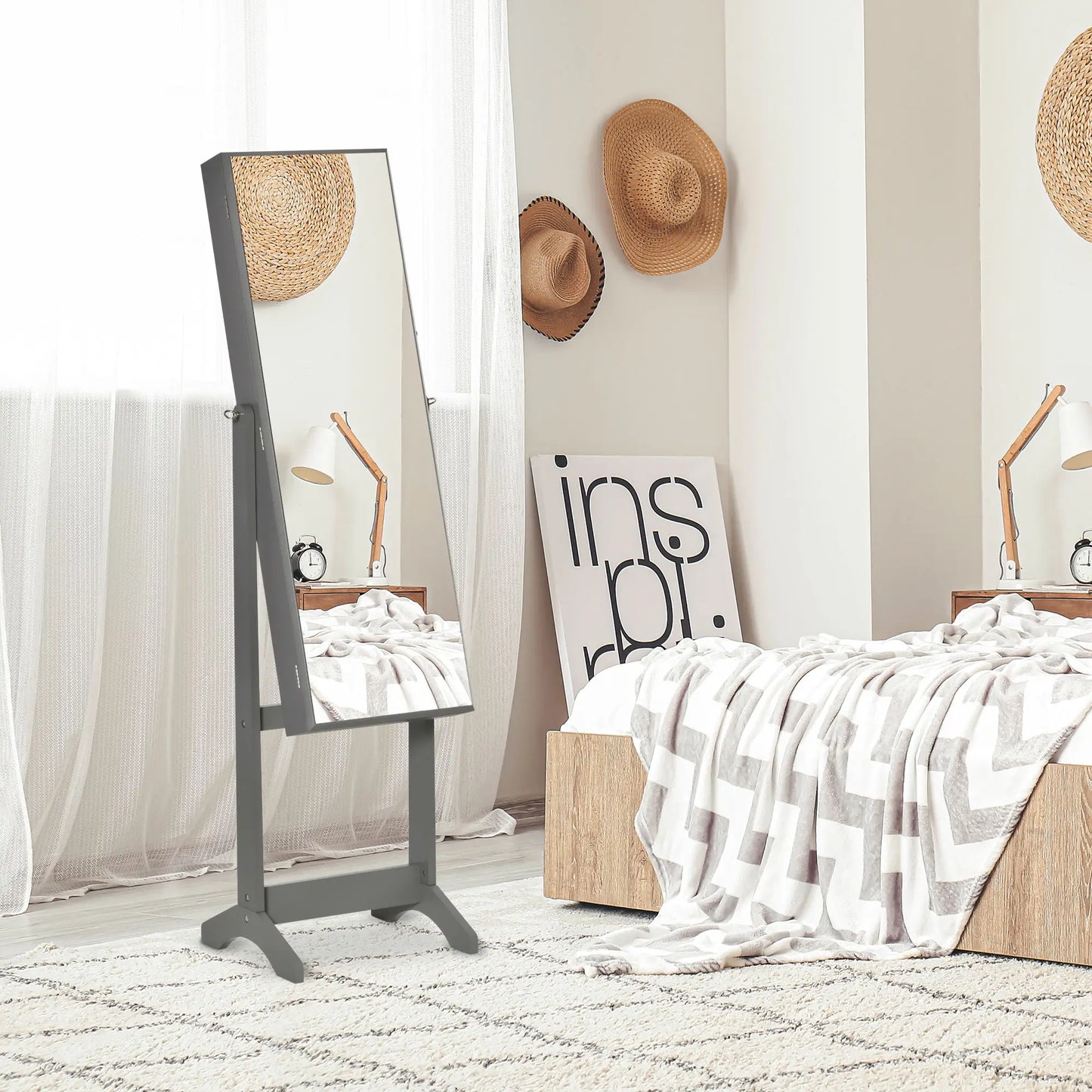 Mirror Jewelry Cabinet, Lockable Organizer, Full-Length Mirror, 3 Angle Adjustable, Grey Jewelry Armoire & Jewellery Mirror Cabinets at Gallery Canada