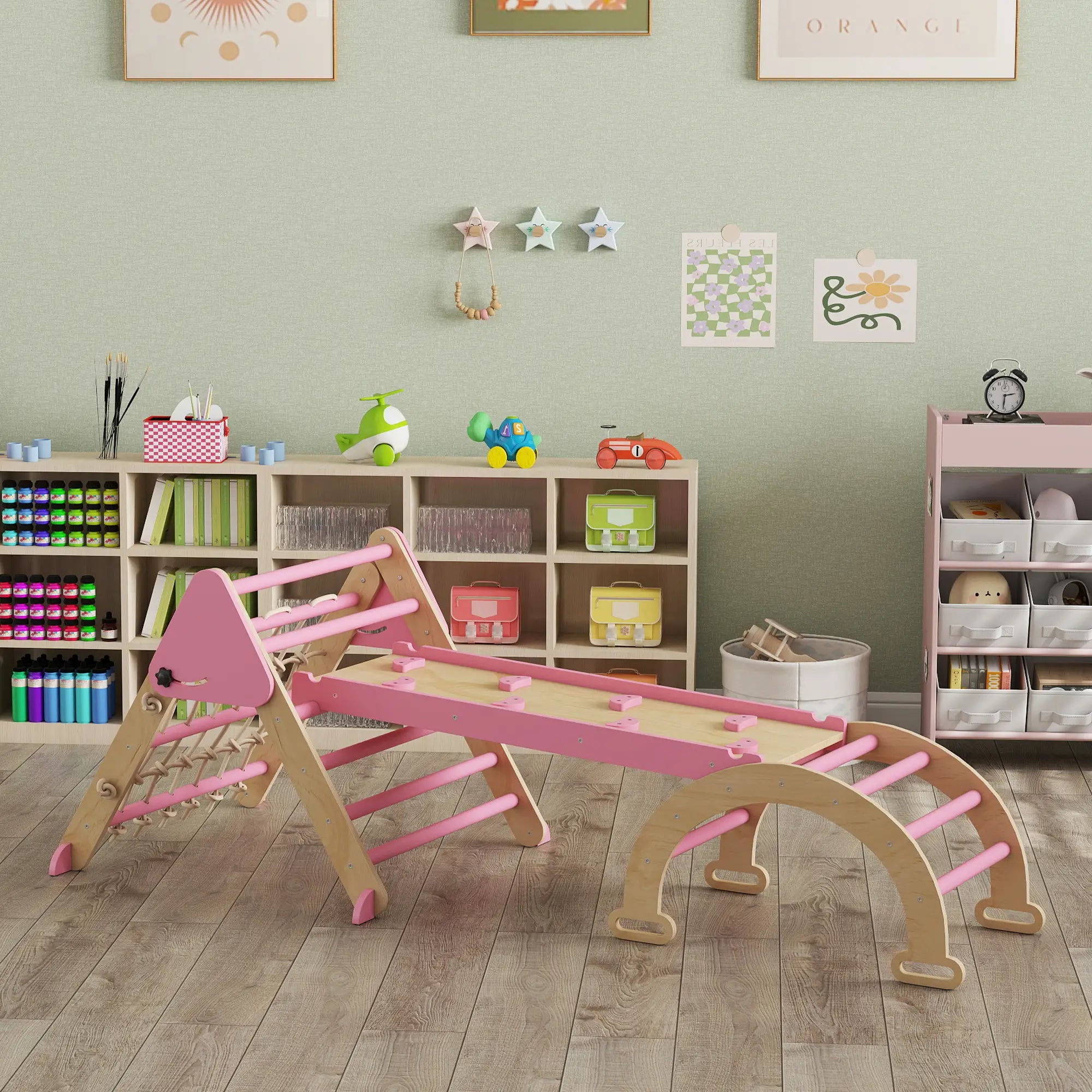 8-in-1 Pikler Triangle Set, Foldable Wooden Climbing Toys, Pink Kids Gym & Playmats at Gallery Canada
