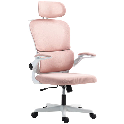 Mesh Office Chair, Ergonomic Desk Chair, Flip-up Armrest, Rotatable Headrest, Adjustable Lumbar Support, Pink