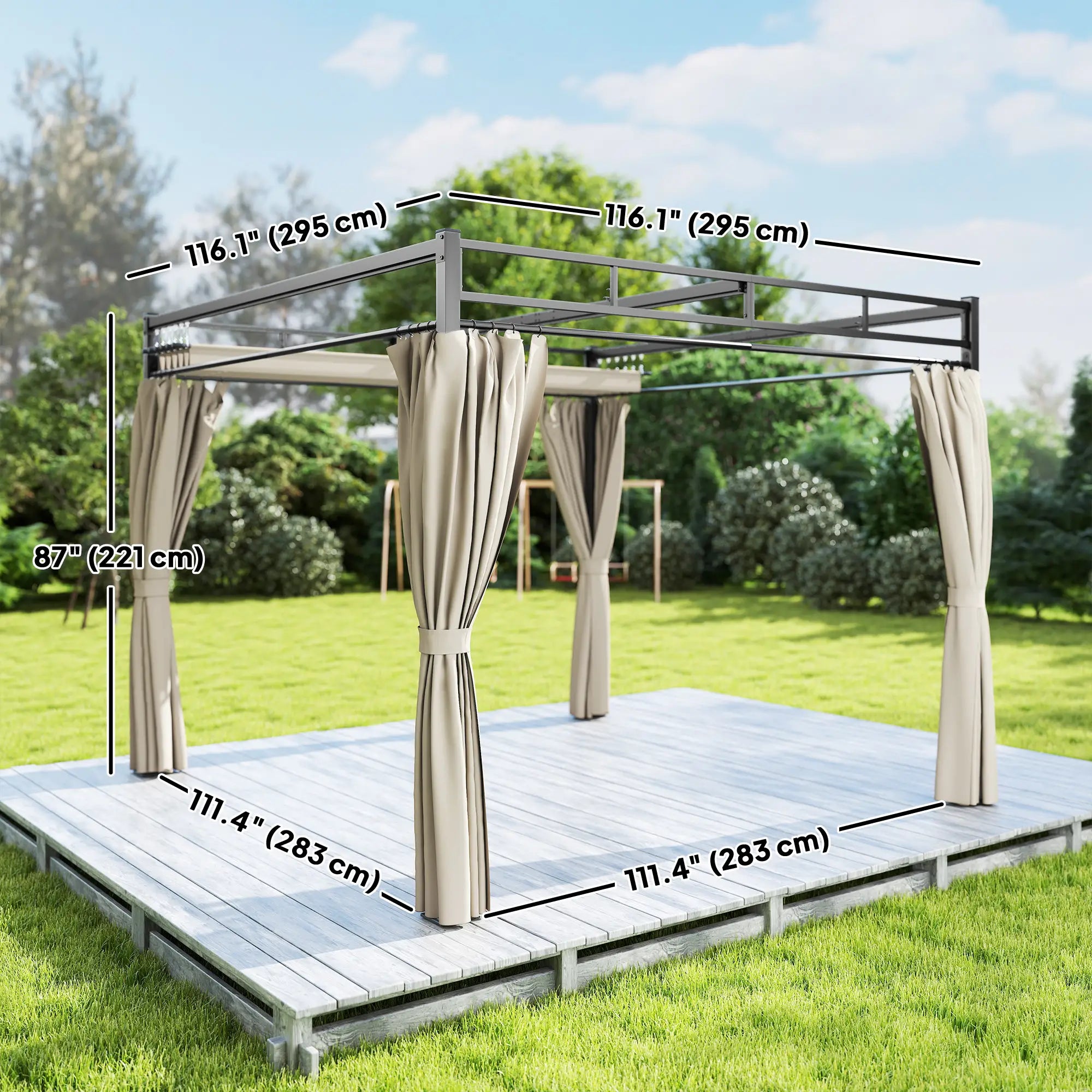 10' x 10' Outdoor Gazebo, Retractable Pergola Canopy With Curtains, Beige Pergolas at Gallery Canada