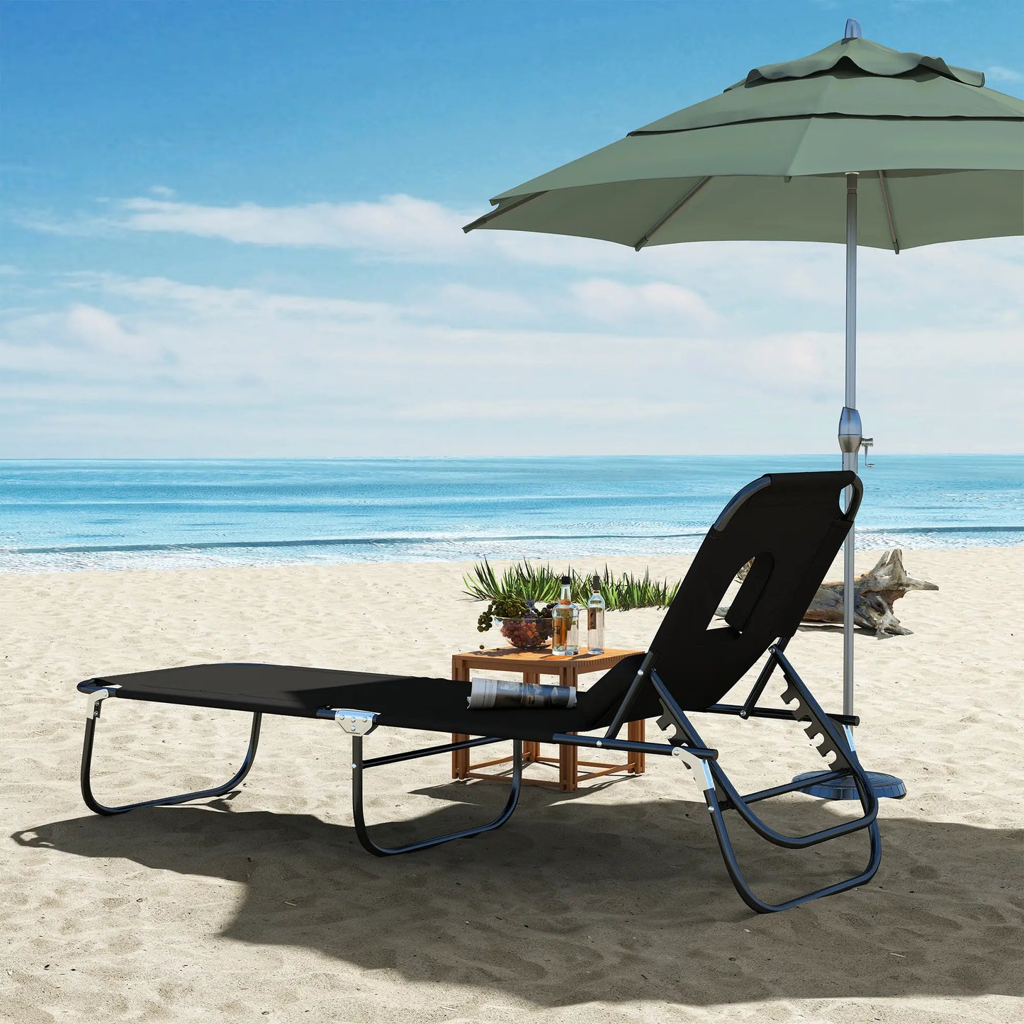 Folding Outdoor Lounge Chair, Reclining Beach Lounger, 4-Position Adjustable, Black Lounger Chairs at Gallery Canada