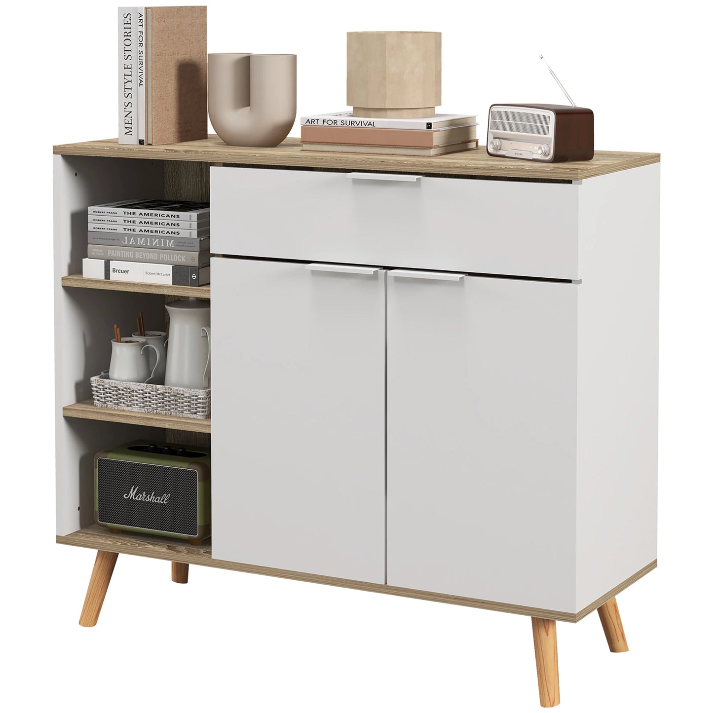 Modern Sideboard Cabinet, 2 Doors, Drawer, Adjustable Shelves Kitchen Pantry Cabinets White, Natural at Gallery Canada