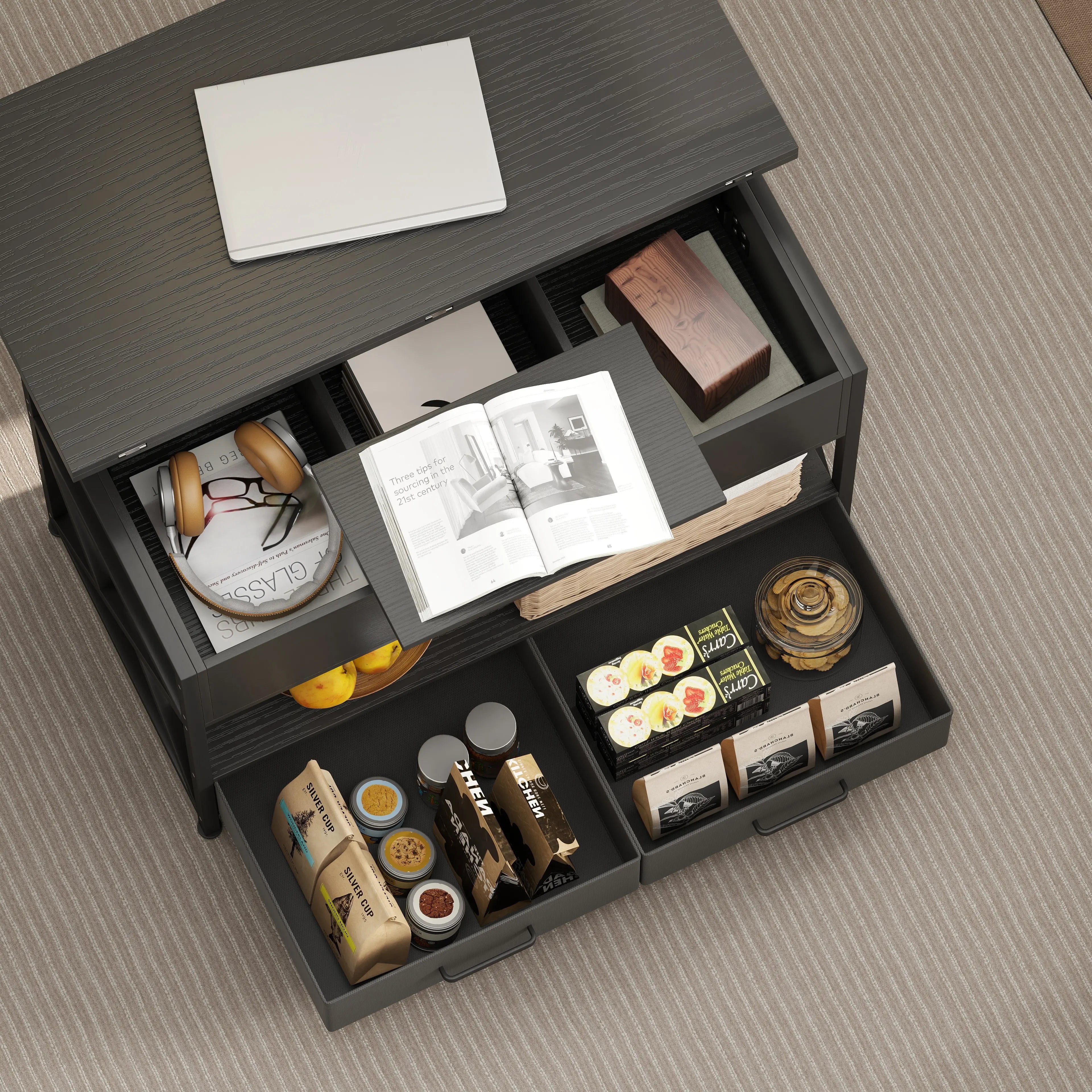 Modern Lift Top Coffee Table, Fabric Drawers, Hidden Storage, Distressed Black Coffee Tables at Gallery Canada