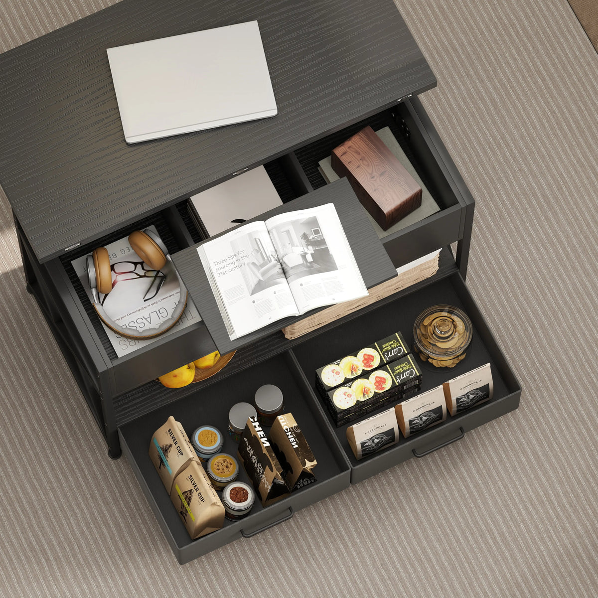 Modern Lift Top Coffee Table, Fabric Drawers, Hidden Storage, Distressed Black Coffee Tables at Gallery Canada