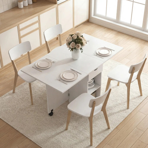 Folding Dining Table With Storage Drop Leaf, White