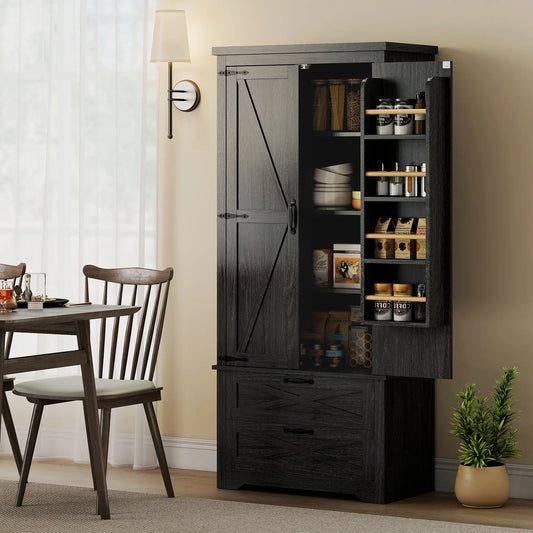 Farmhouse Kitchen Pantry Storage Cabinet, 64 Inch, Distressed Black Kitchen Pantry Cabinets Distressed Black at Gallery Canada