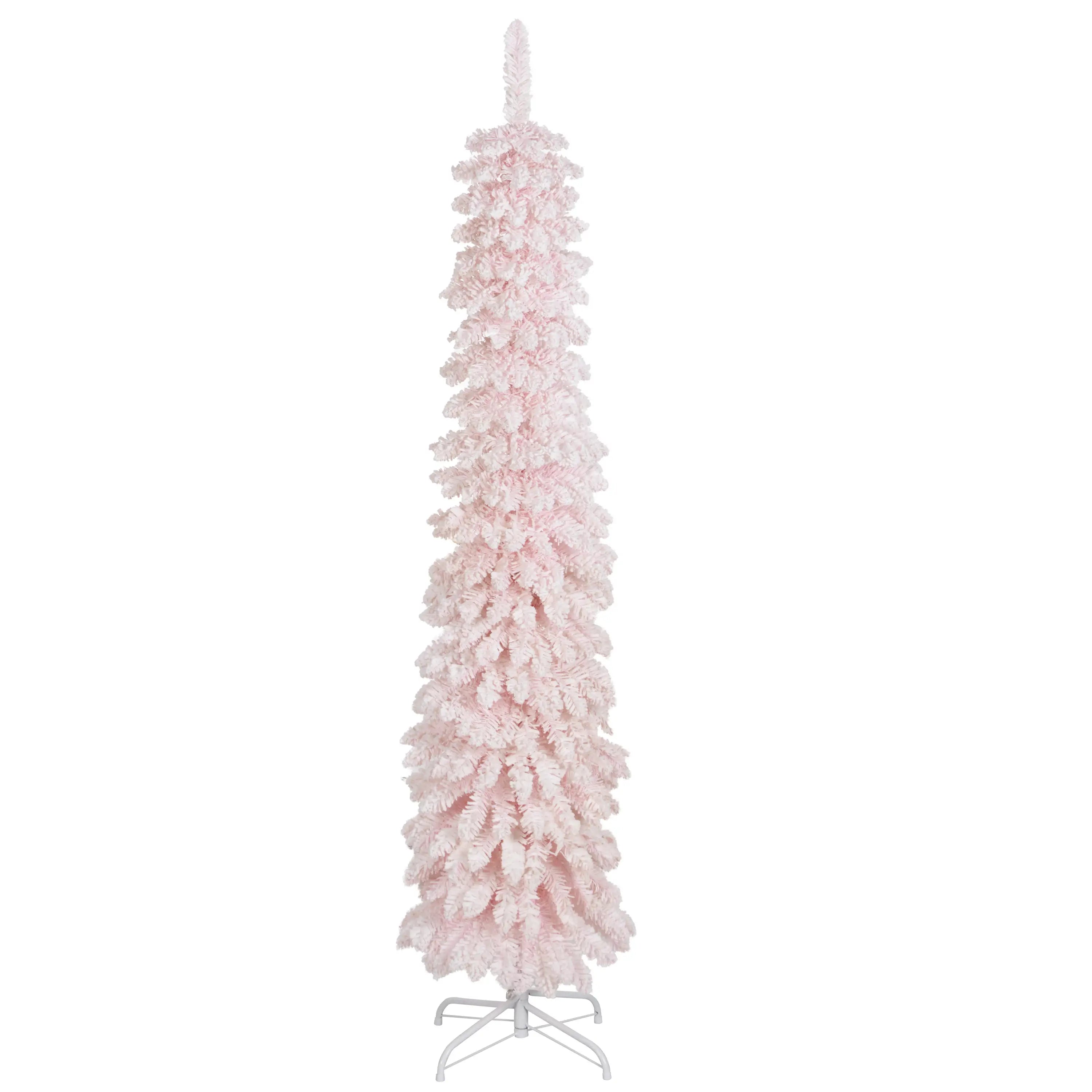6ft Snow-Flocked Slim Pencil Christmas Tree, 395 Branches, Metal Base, Pink Pencil Christmas Trees Pink at Gallery Canada