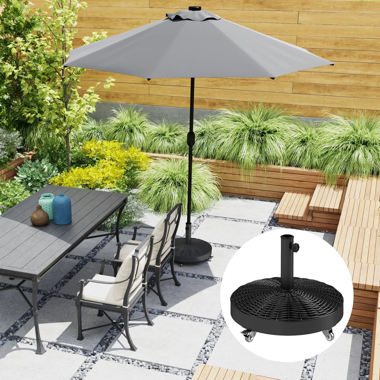 Round Umbrella Base With Wheels, Cement-Filled 55 Lbs, Black Umbrella Bases at Gallery Canada