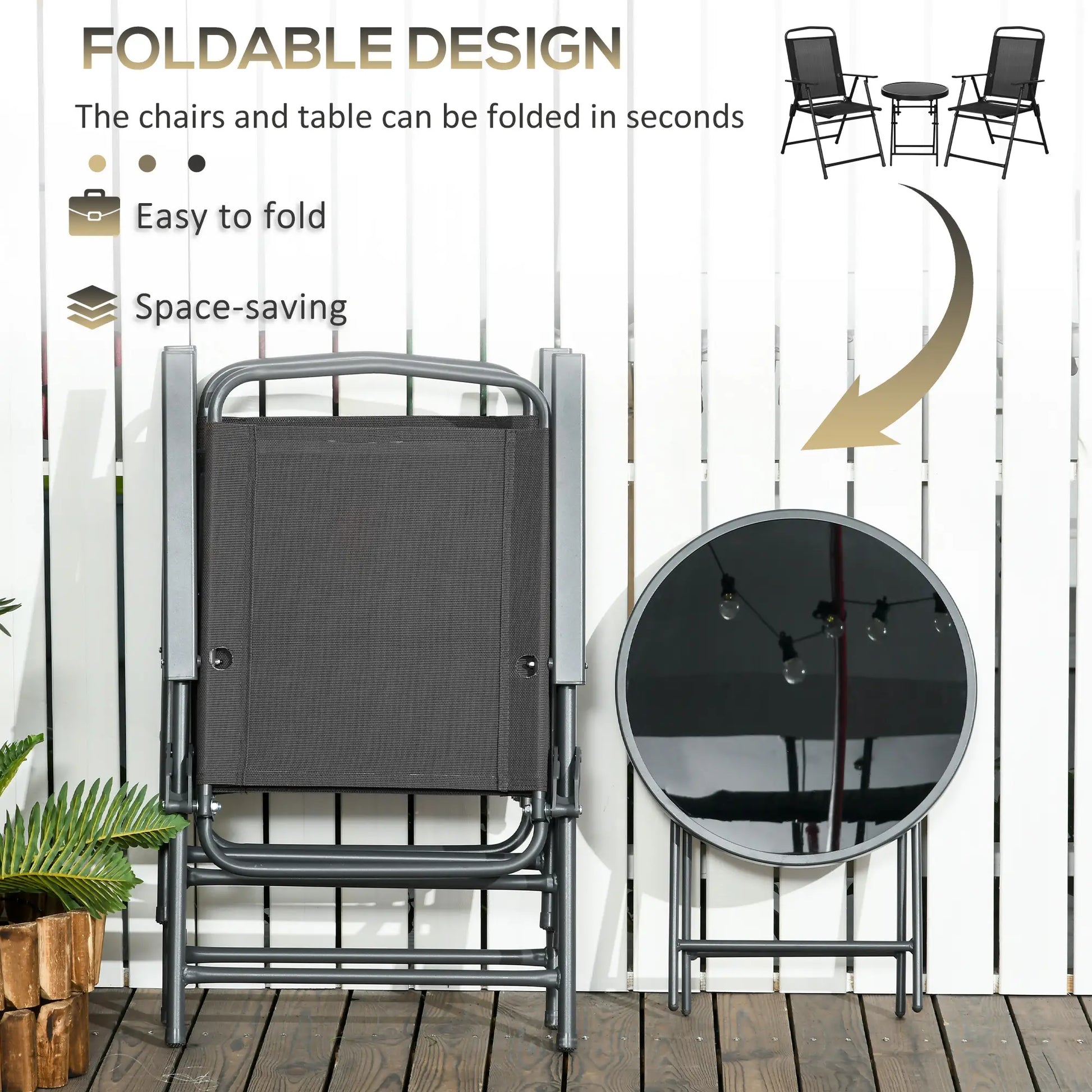 3-Piece Bistro Set, Foldable Patio Furniture, Mesh Chairs, Glass Table, Black Bistro Sets at Gallery Canada
