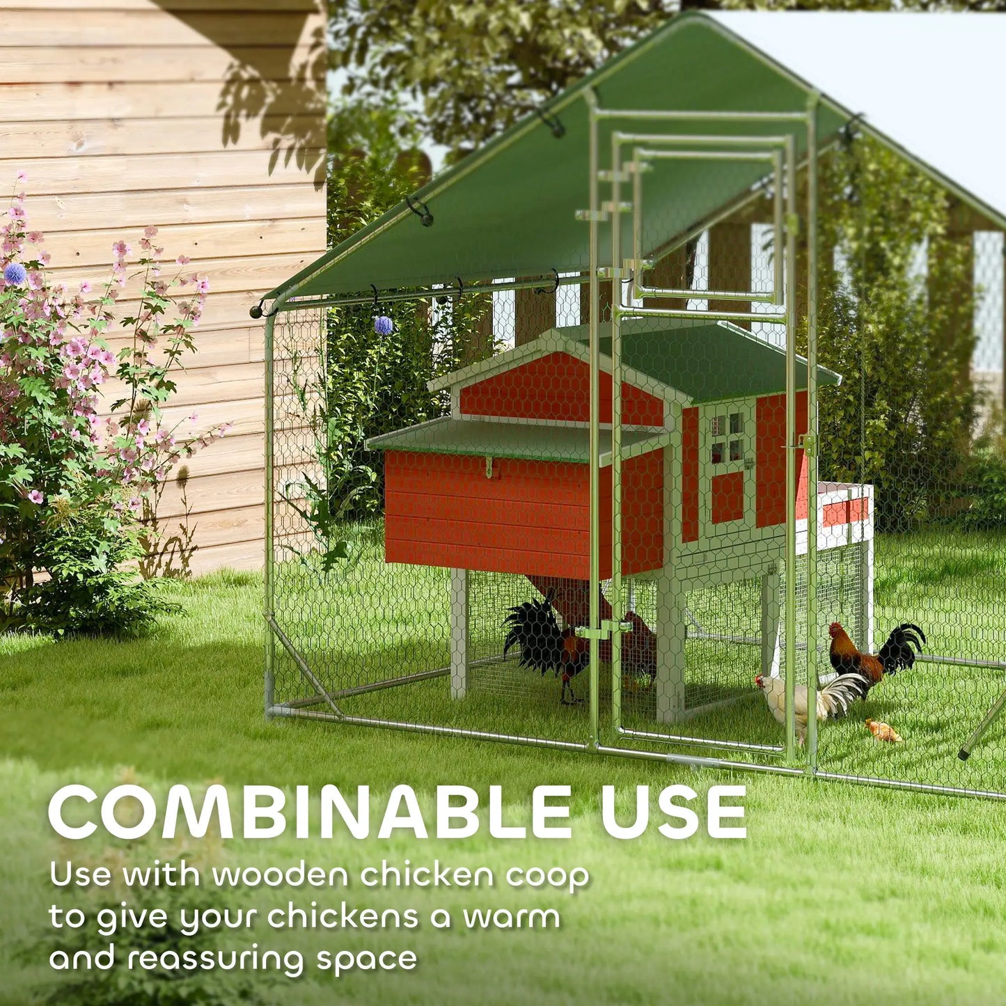 Large Metal Chicken Run, Waterproof UV-Resistant Cover, Feeding Door, Hanging Feeder, Perch for 6-8 Chickens Chicken Coops at Gallery Canada