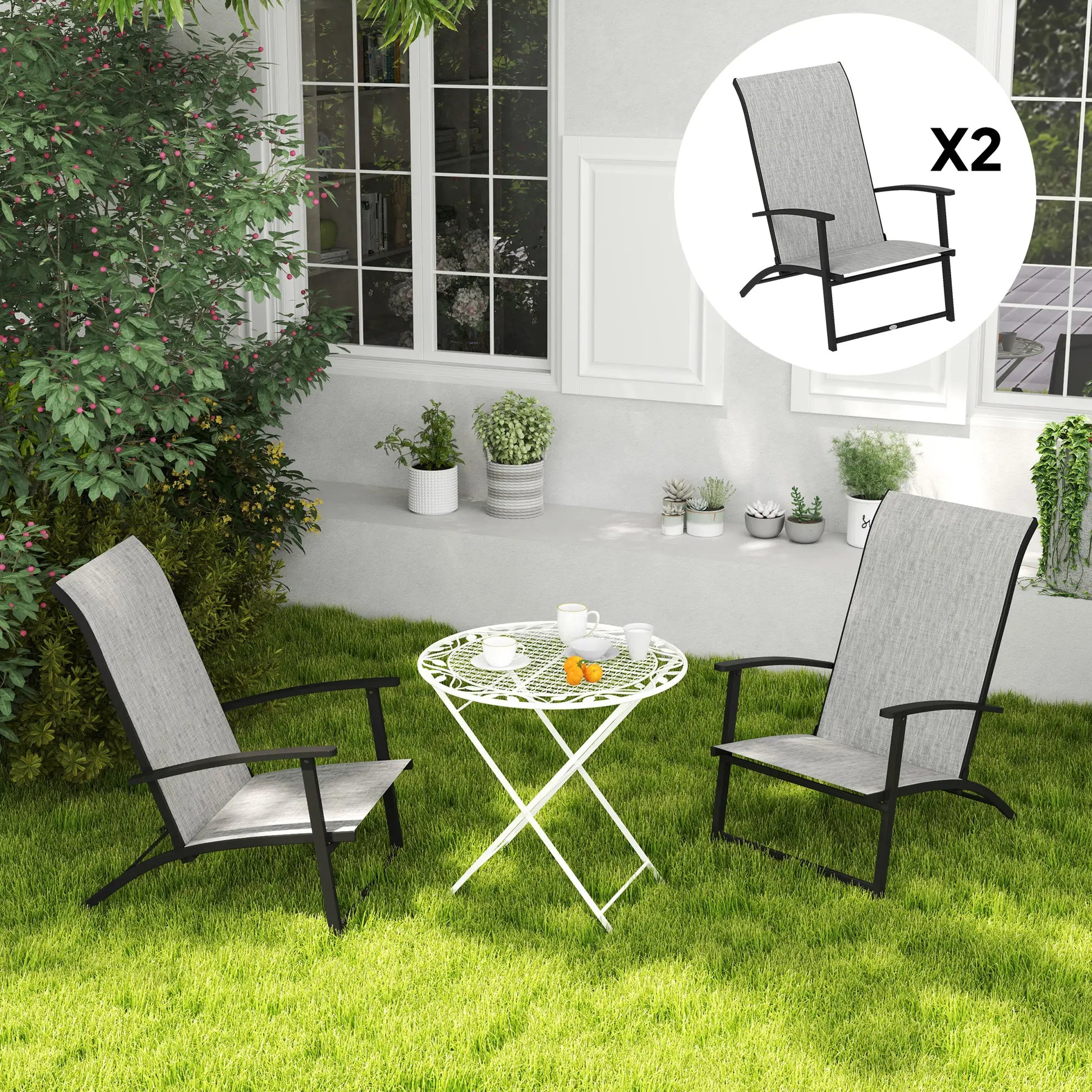 Set of 2 Folding Lawn Chairs, Outdoor with Armrests, High Backrest, Grey Patio Chairs at Gallery Canada