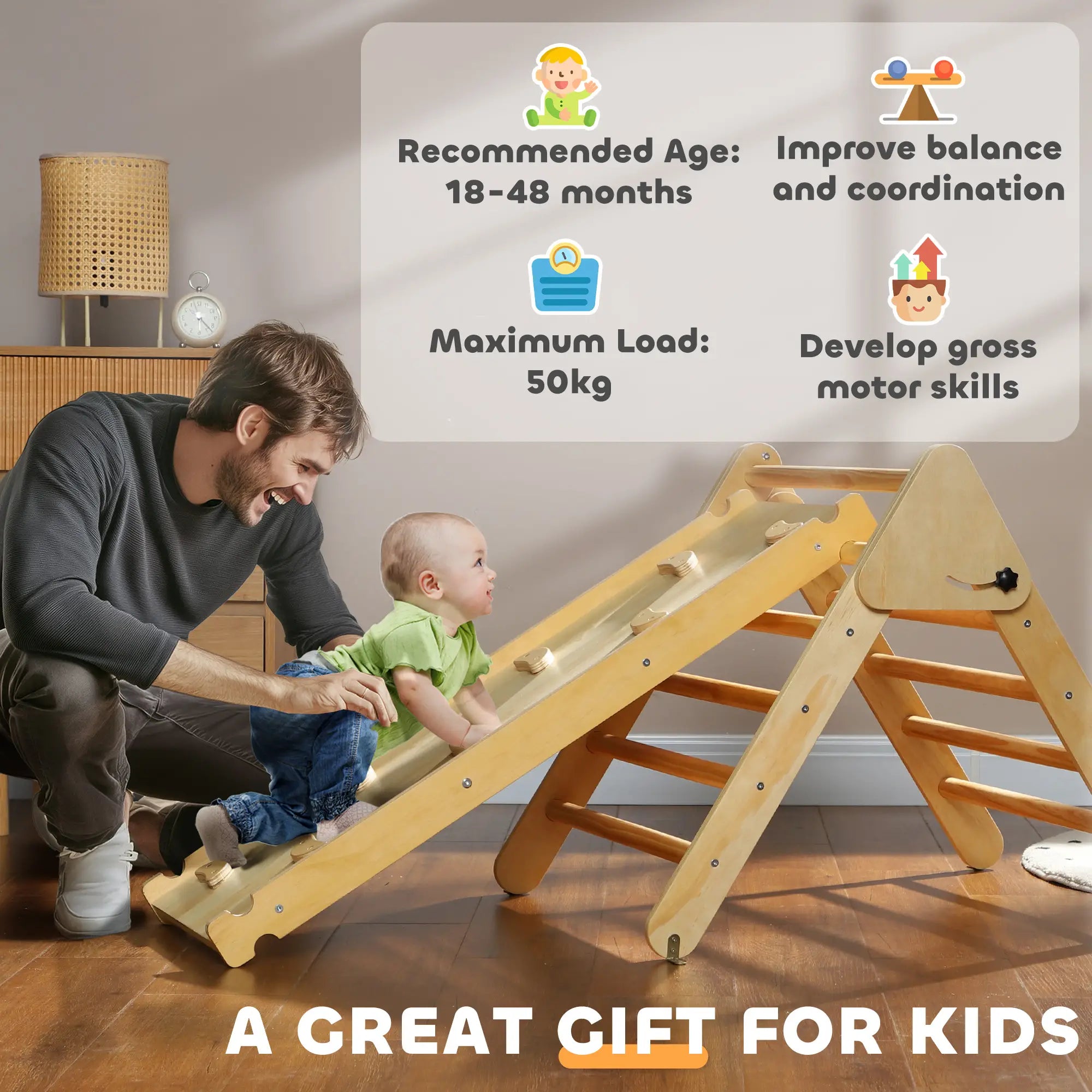 Pikler Triangle Set, 3 in 1 Climbing Toys with Ramp, Nature Wood Baby Gym & Playmats at Gallery Canada