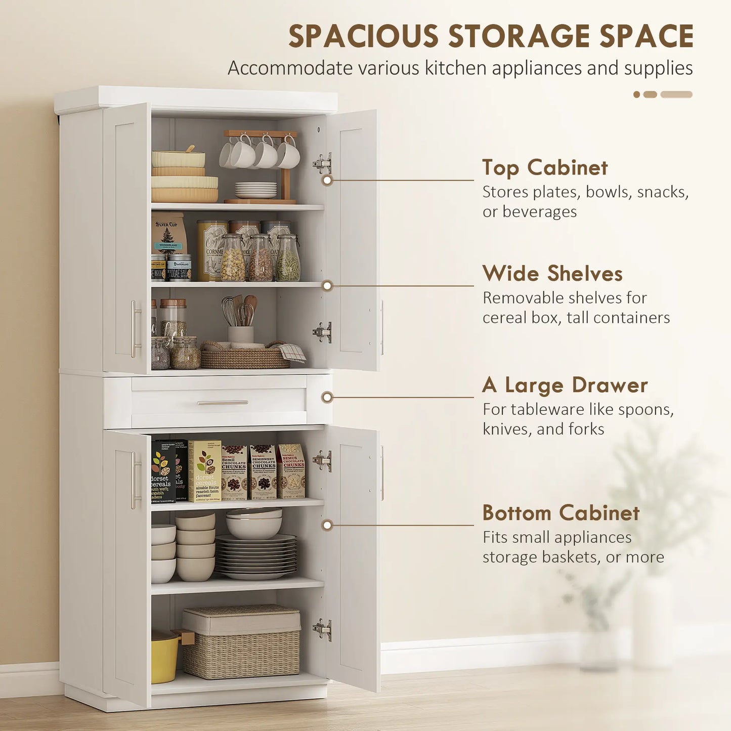 72" Storage Cabinet, Freestanding Kitchen Pantry Cabinet with 4 Doors, Drawer and 3 Adjustable Shelves, White Kitchen Pantry Cabinets at Gallery Canada