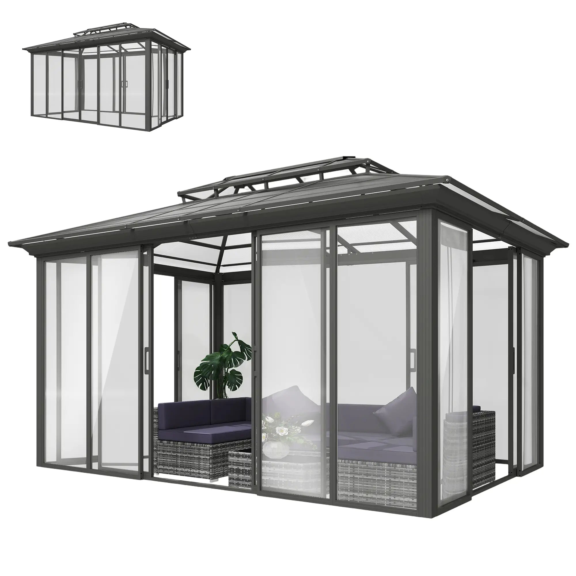 10' x 14' Aluminum Hardtop Gazebo, Sliding Doors, Double Roof, Dark Grey Gazebos Dark Grey, Clear at Gallery Canada