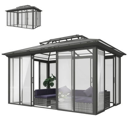 10' x 14' Aluminum Hardtop Gazebo, Sliding Doors, Double Roof, Dark Grey Gazebos Dark Grey, Clear at Gallery Canada