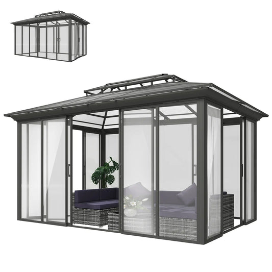 10' x 14' Aluminum Hardtop Gazebo, Sliding Doors, Double Roof, Dark Grey Gazebos Dark Grey, Clear at Gallery Canada