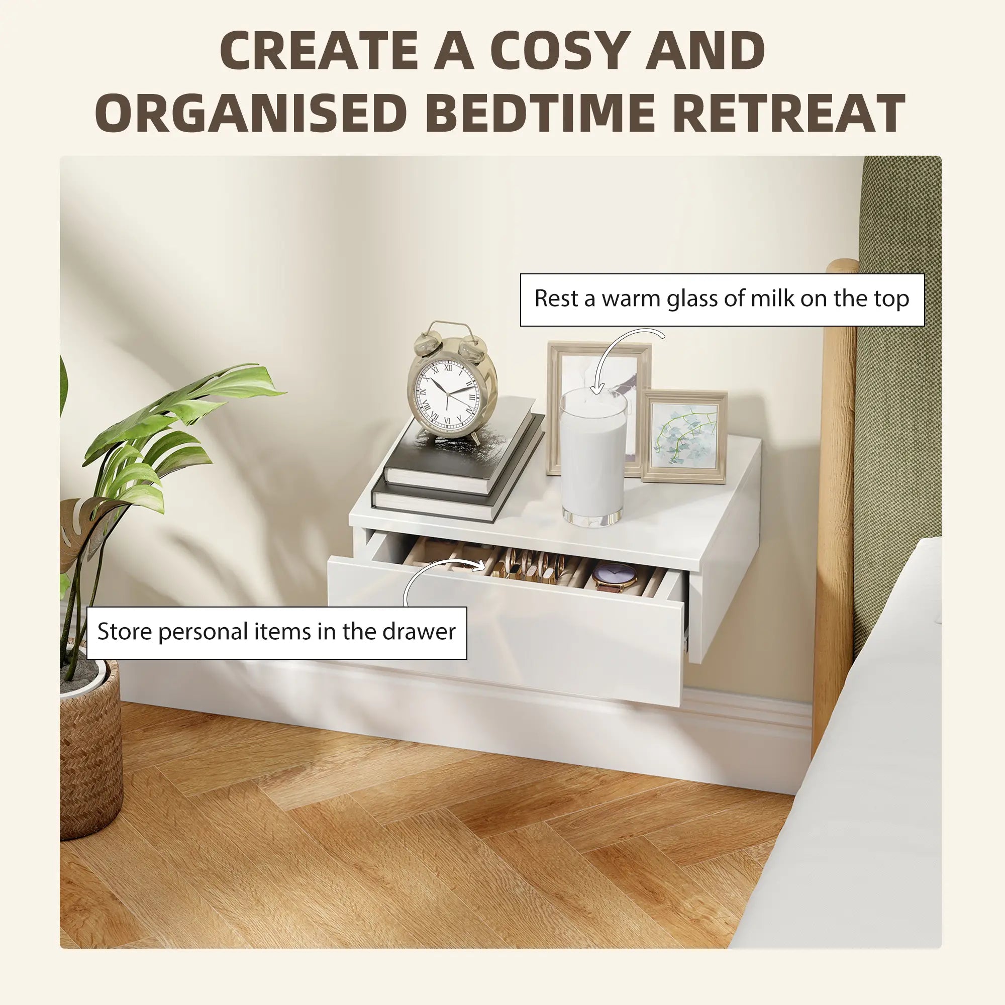 Set of 2 Wall Mounted Bedside Tables, High Gloss Floating Nightstands with Drawer, White Bedside Tables at Gallery Canada