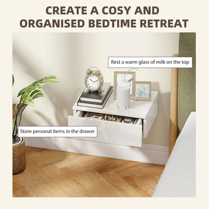 Set of 2 Wall Mounted Bedside Tables, High Gloss Floating Nightstands with Drawer, White Bedside Tables at Gallery Canada