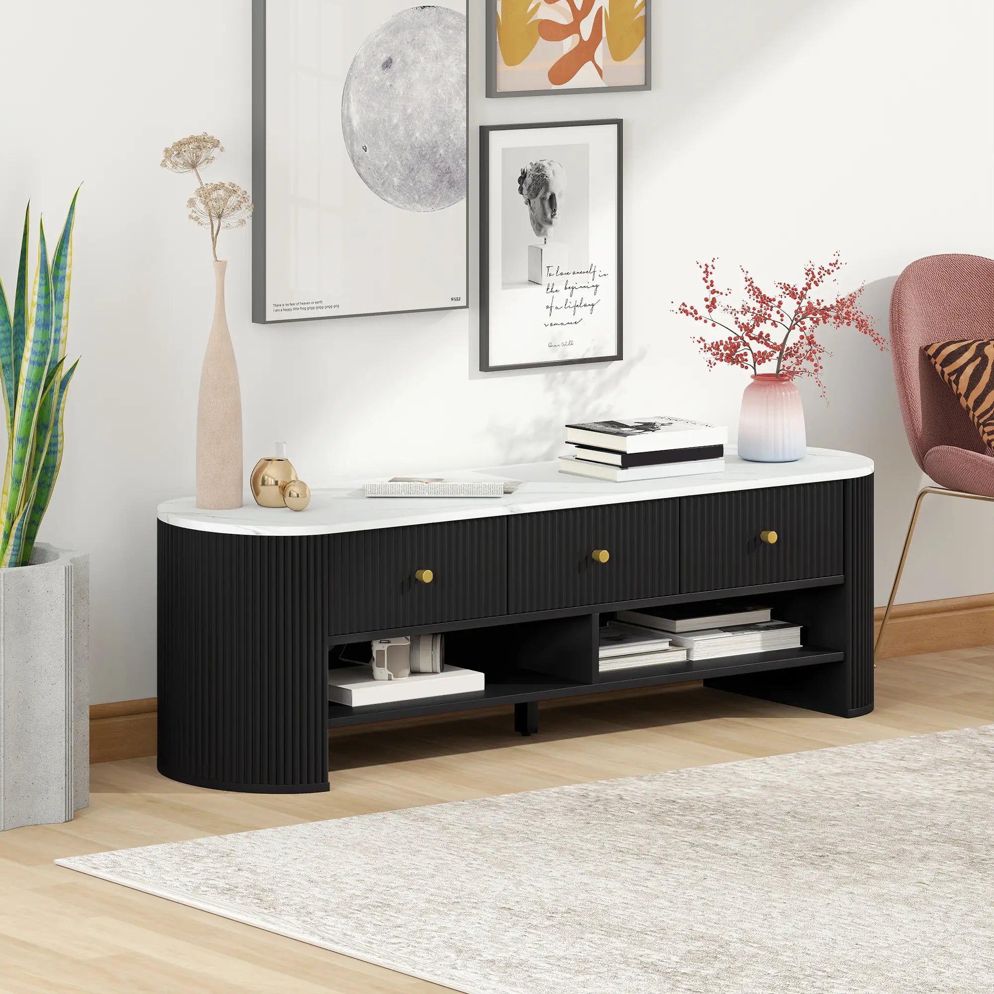 Modern TV Stand, Marble-Effect Top, 3 Drawers, 2 Shelves, 32-65 Inch, Black TV Stands at Gallery Canada