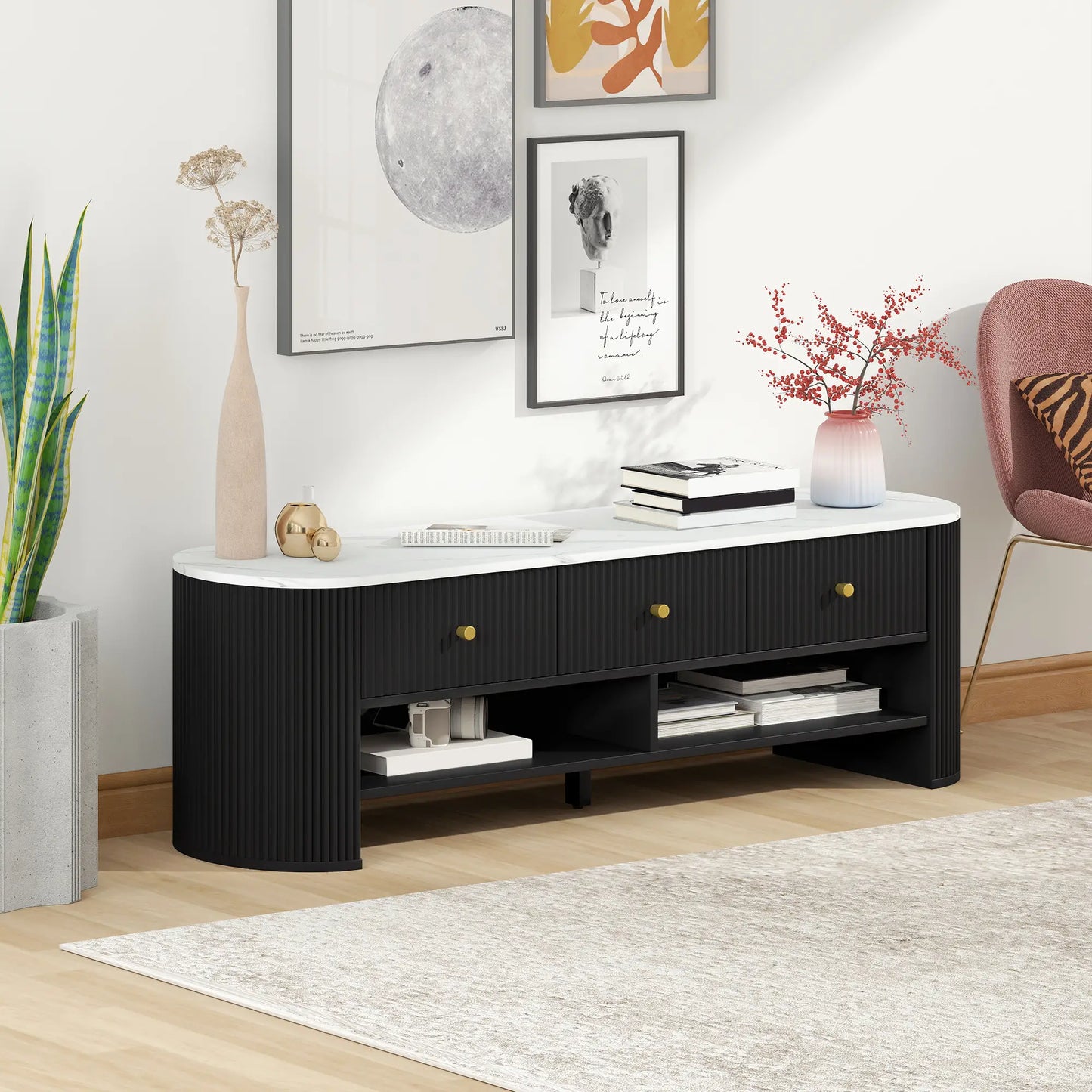 Modern TV Stand, Marble-Effect Top, 3 Drawers, 2 Shelves, 32-65 Inch, Black TV Stands at Gallery Canada