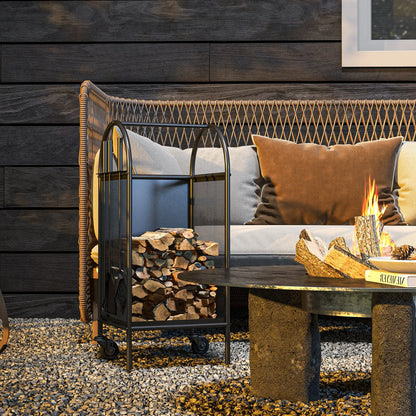 15" Outdoor Firewood Rack With Wheels, Heavy Duty Log Storage, Black Firewood Racks at Gallery Canada