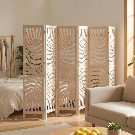 6 Panel Room Divider, Detachable Folding Privacy Screen, Palm Leaf Design, Natural Wood