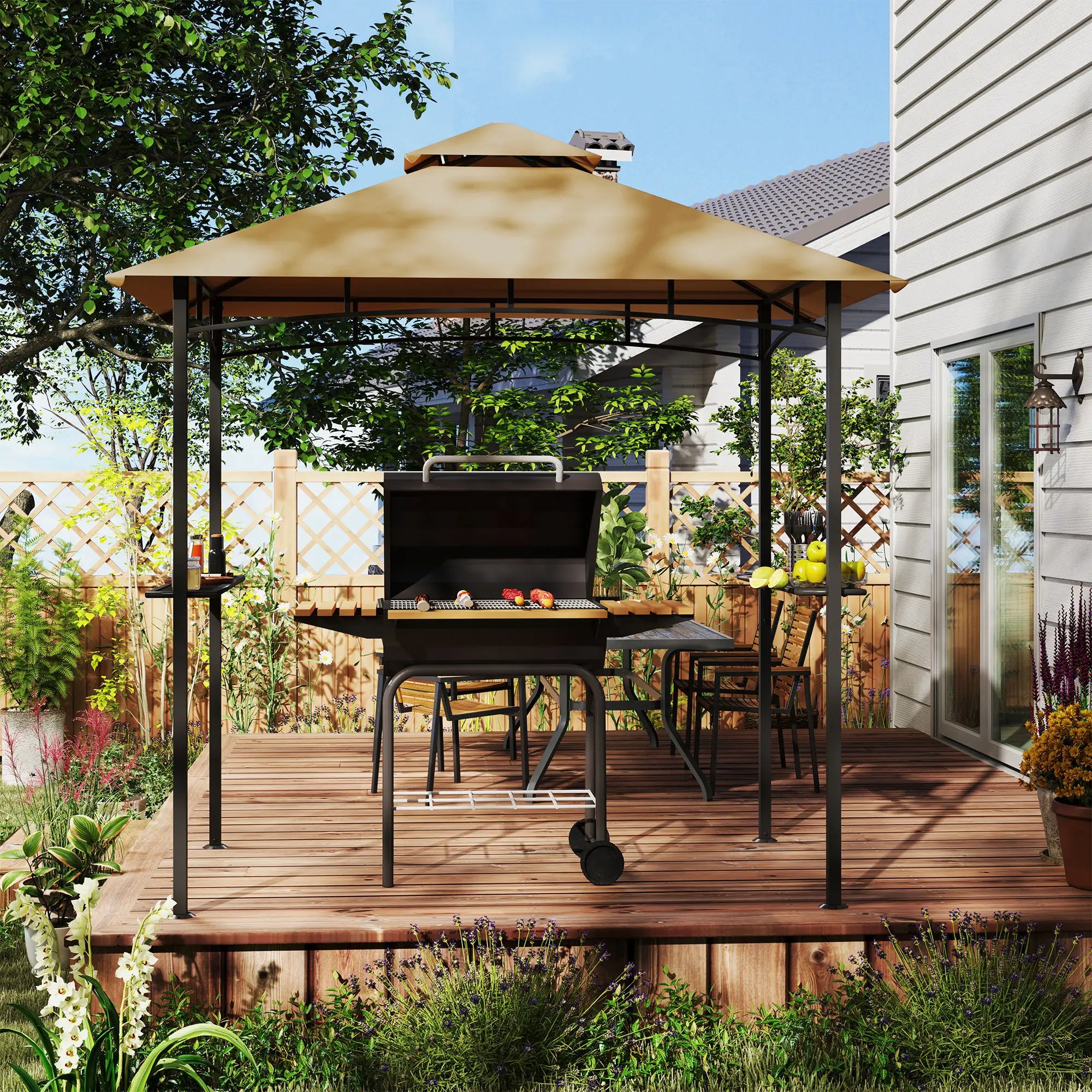 8' x 5' BBQ Grill Gazebo Tent, Double Tiered Canopy, Outdoor Sun Shade, Khaki BBQ Grill Gazebos at Gallery Canada