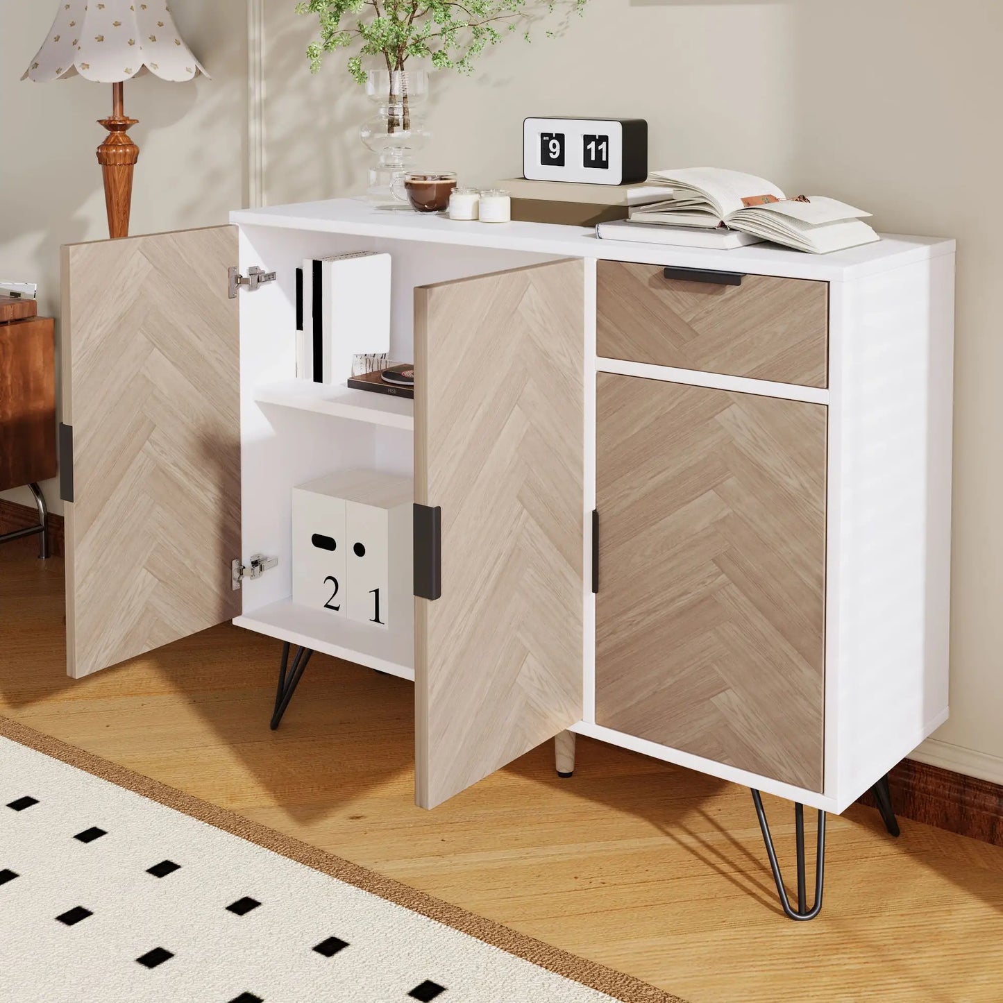 Storage Cabinet with Drawer, Adjustable Shelves, 35.5" L x 11.5" W x 28.5" H, White+Wood Storage Cabinets at Gallery Canada