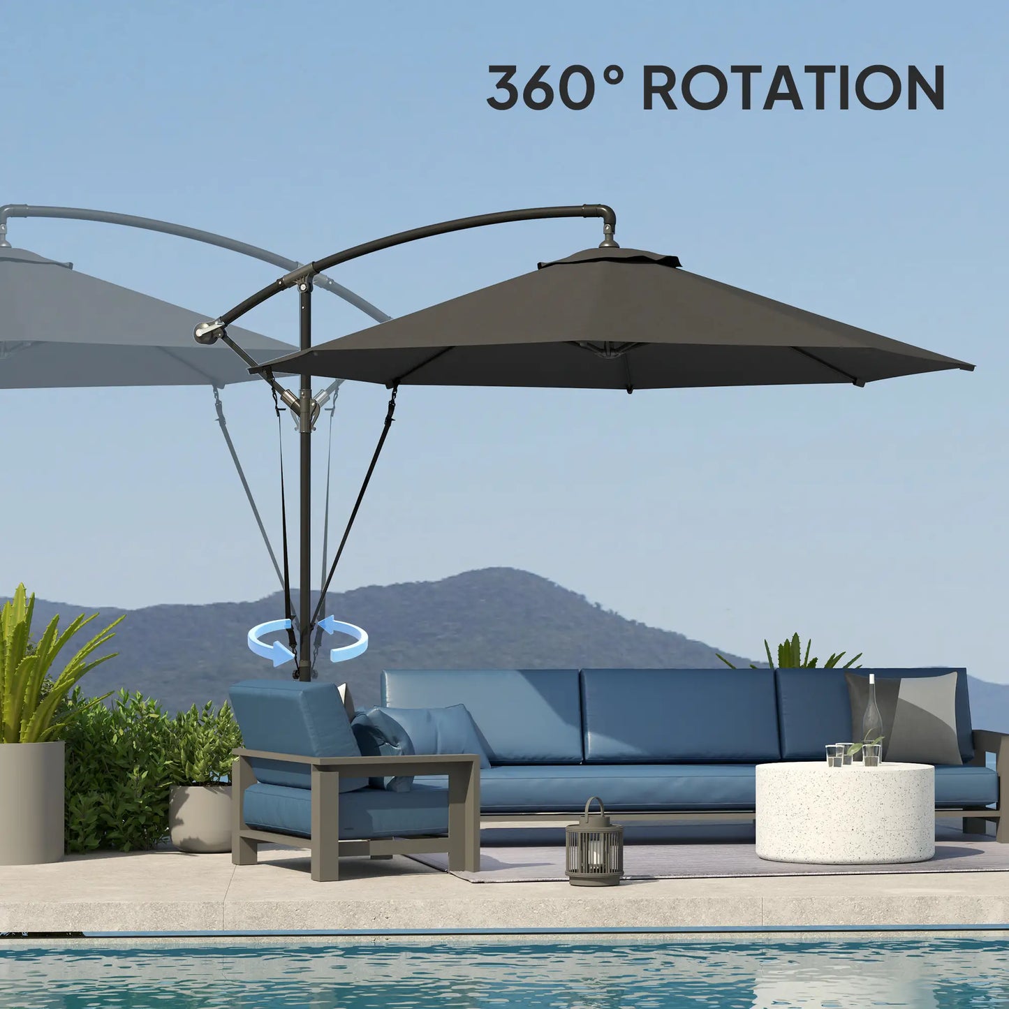 9.5' Cantilever Umbrella, Wind Protection, Crank, Cross Base, UPF 50+, Grey Offset Cantilever Umbrellas at Gallery Canada