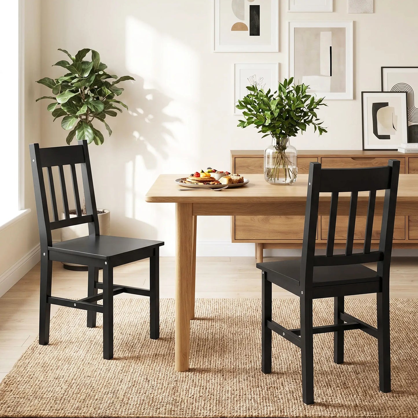 Set of 2 Kitchen Chairs with Slat Back, Black