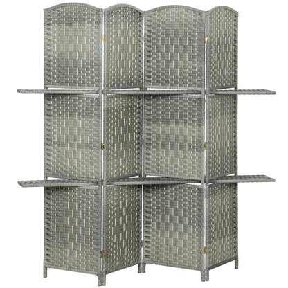 6 FT Privacy Screen, 4 Panel Room Divider With Shelves, Grey