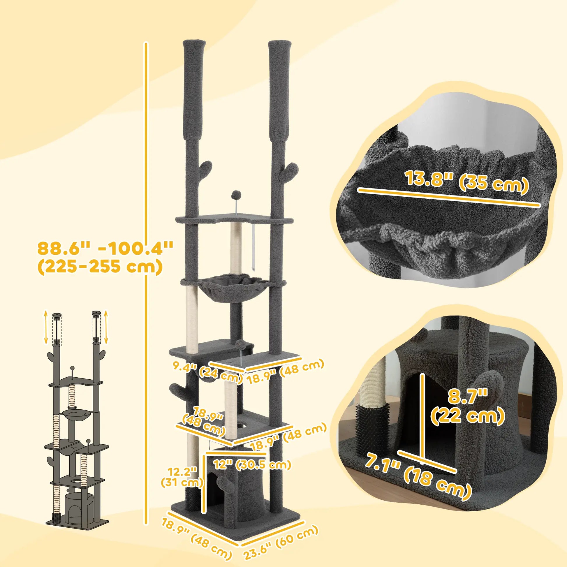 89"-100" Cat Tree Tower for Large Cats, Scratching Posts, Grooming Brush, Grey Floor to Ceiling Cat Trees at Gallery Canada