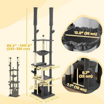 89"-100" Cat Tree Tower for Large Cats, Scratching Posts, Grooming Brush, Grey Floor to Ceiling Cat Trees at Gallery Canada