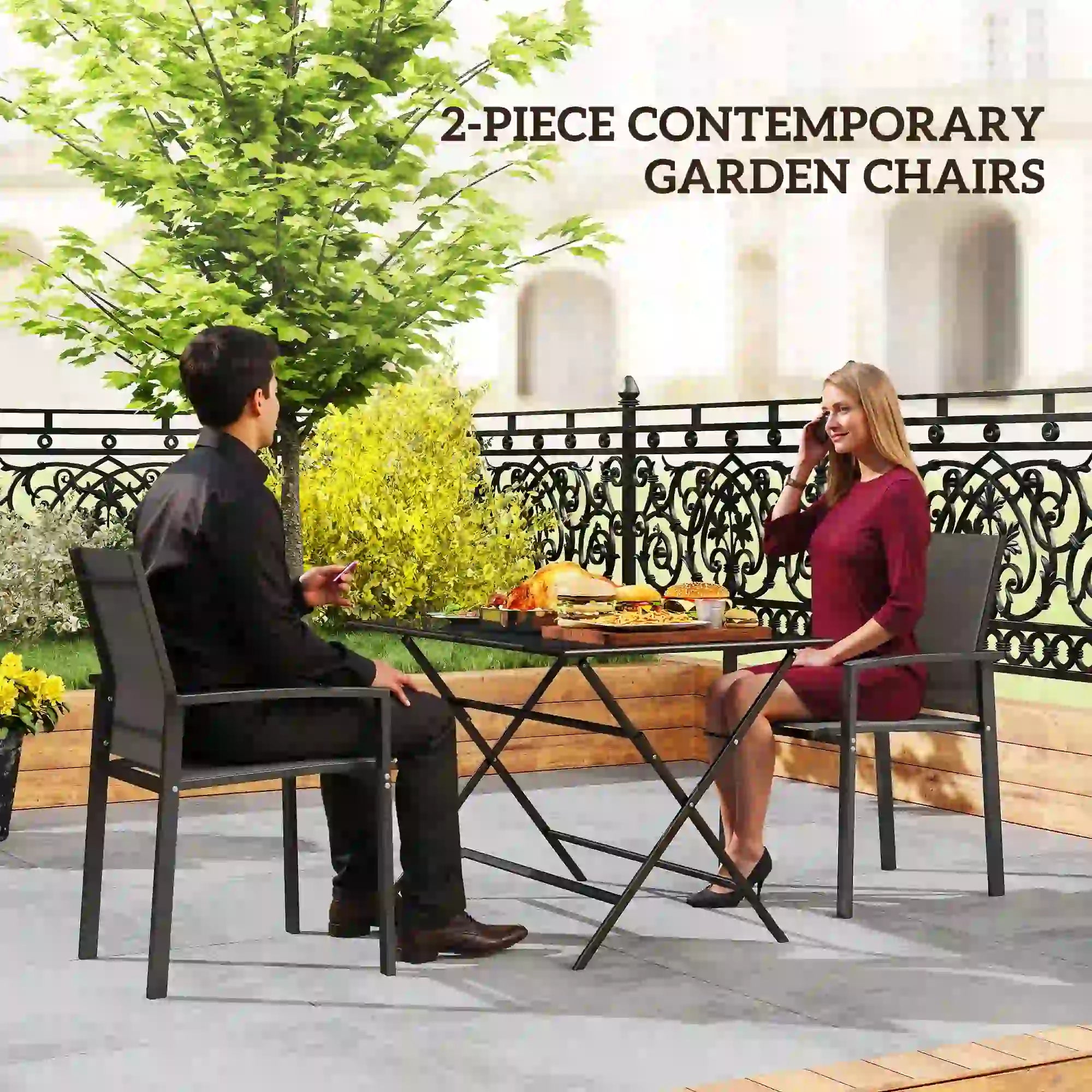 Stackable Outdoor Garden Chairs, Set of 2, Dark Grey Patio Chairs at Gallery Canada