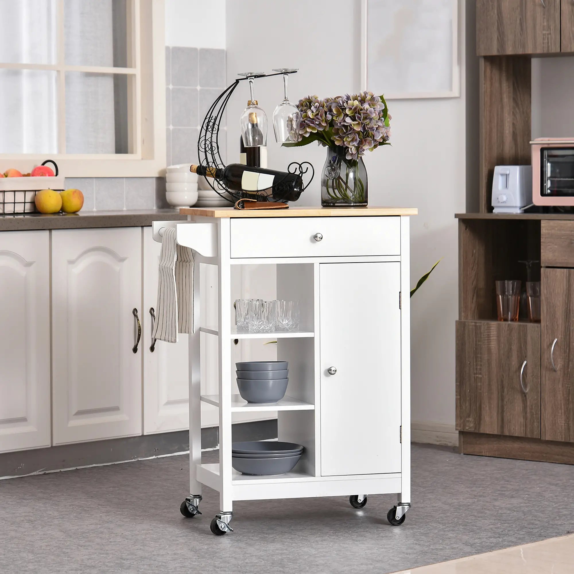 Modern Rolling Kitchen Island Cart, Natural Wood Top, White Kitchen Islands & Kitchen Carts at Gallery Canada