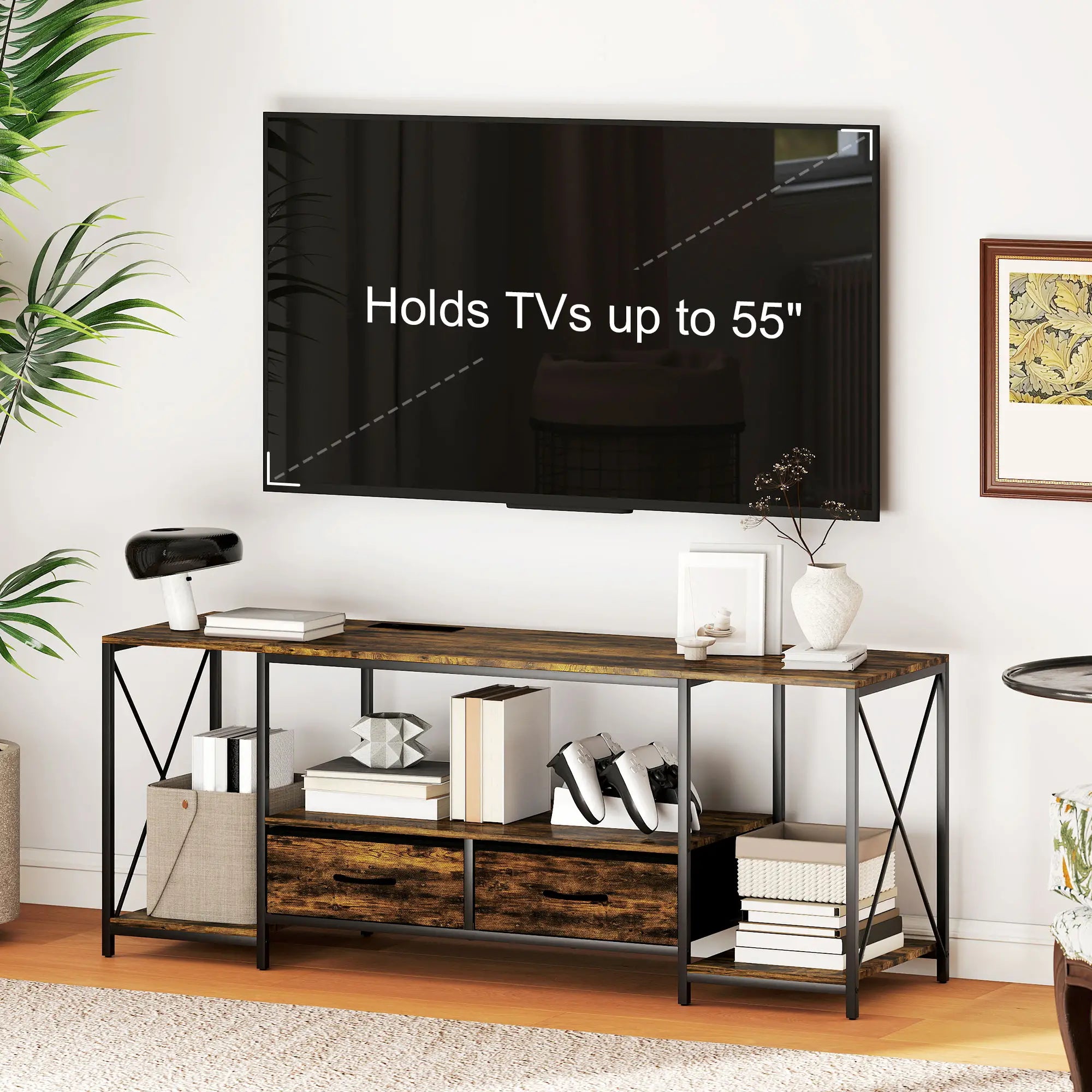 Industrial TV Stand For 55 Inch, Rustic Brown, Charging Station, RGB LED, Brown TV Stands at Gallery Canada
