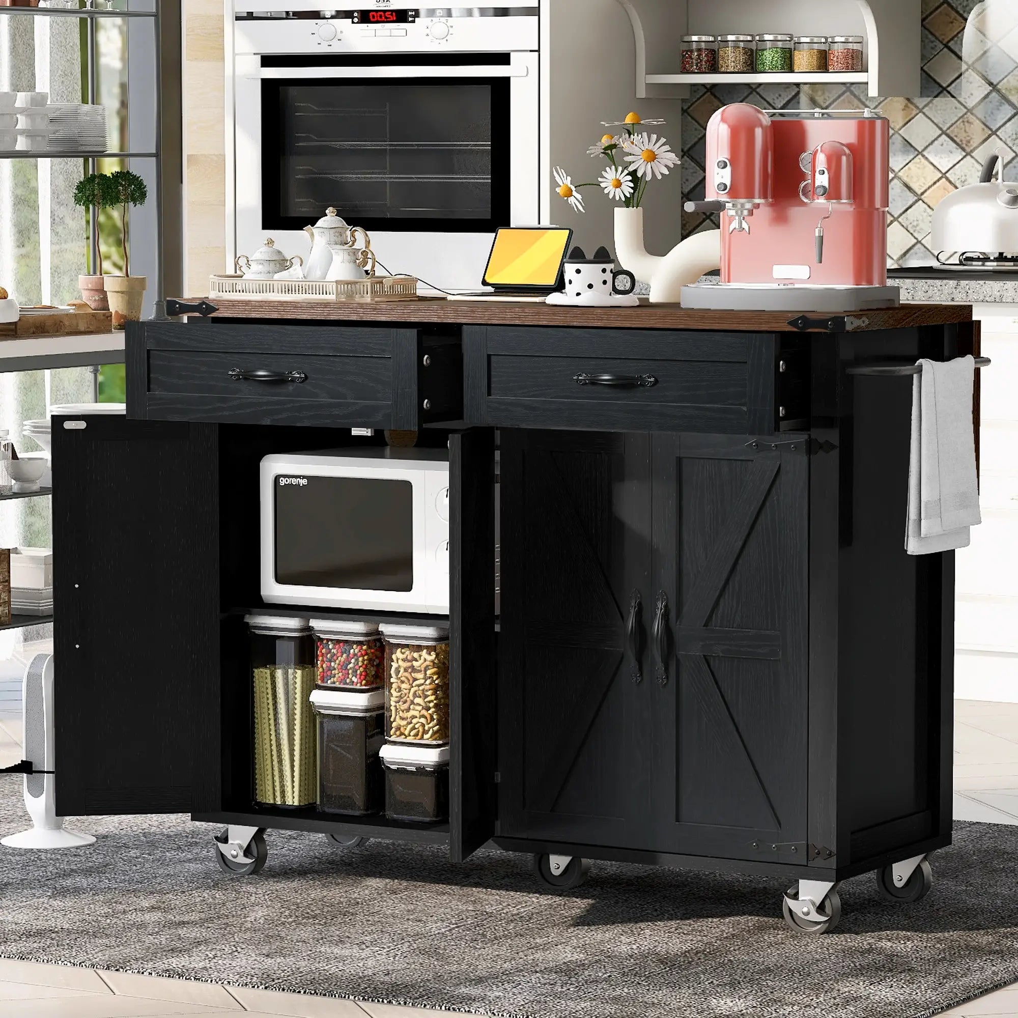 Kitchen Island with Spice Rack, Storage Drawers, Power Outlet, 53.5