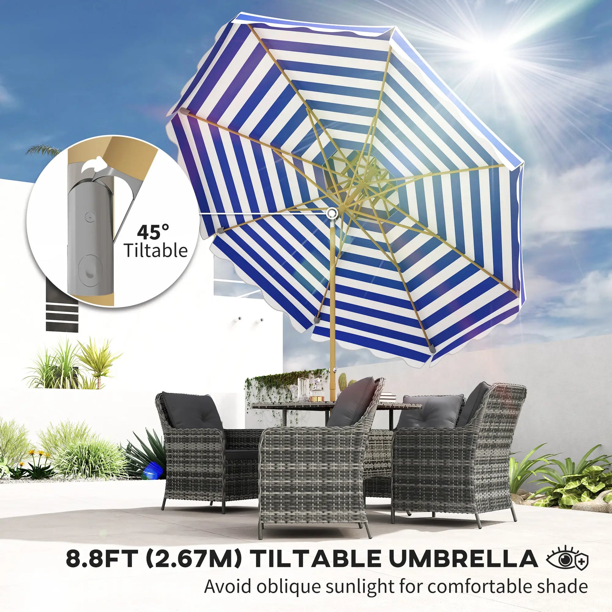 9FT Patio Umbrella, 8 Ribs, Crank, Tilt, UPF 50+, 2-Tier Vent, Blue Sun Umbrellas at Gallery Canada