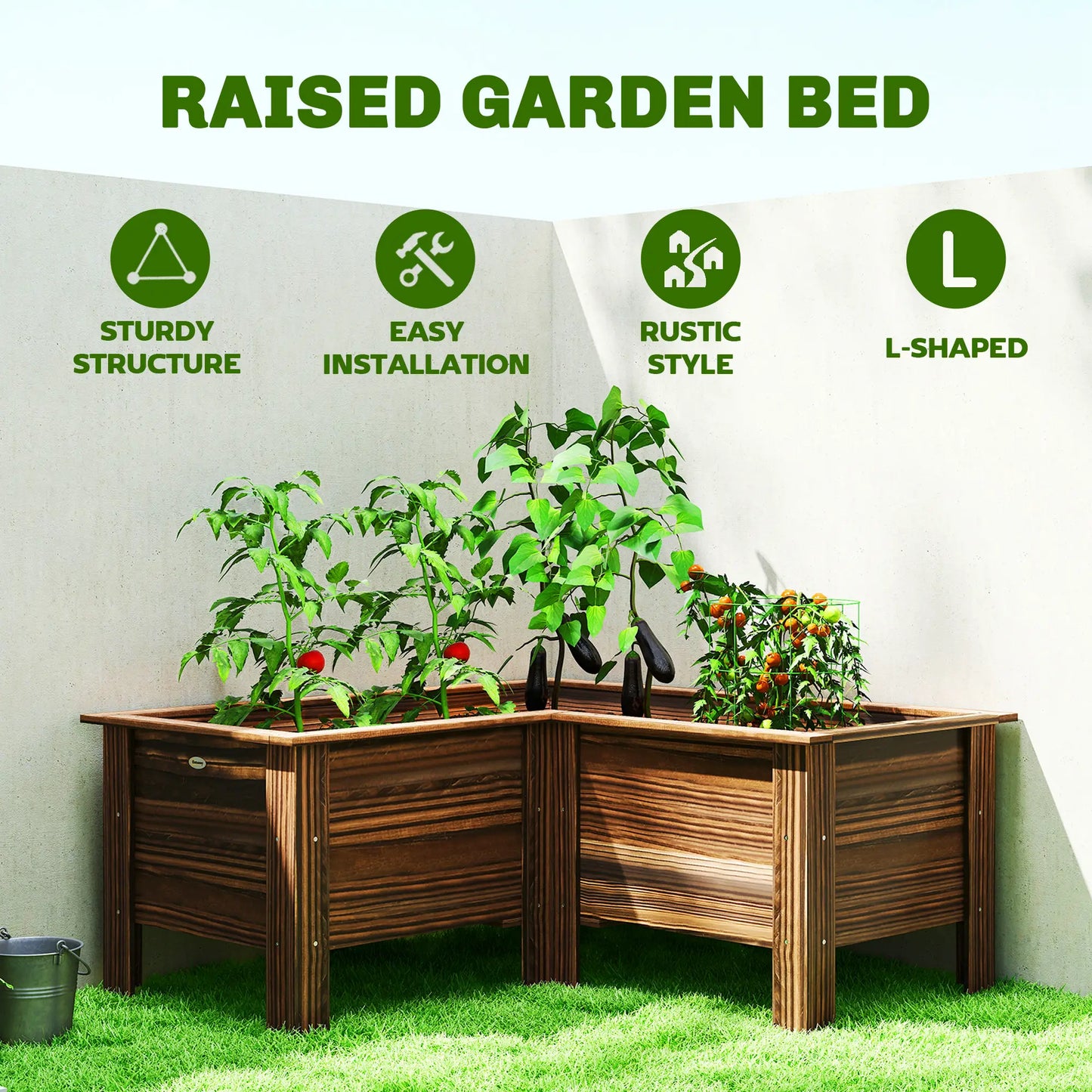 Wooden Raised Garden Bed, L-Shaped, Carbonized, With Legs