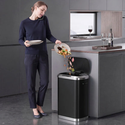 50L Touchless Trash Can, Black Stainless Steel Soft-Close Lid, Black
