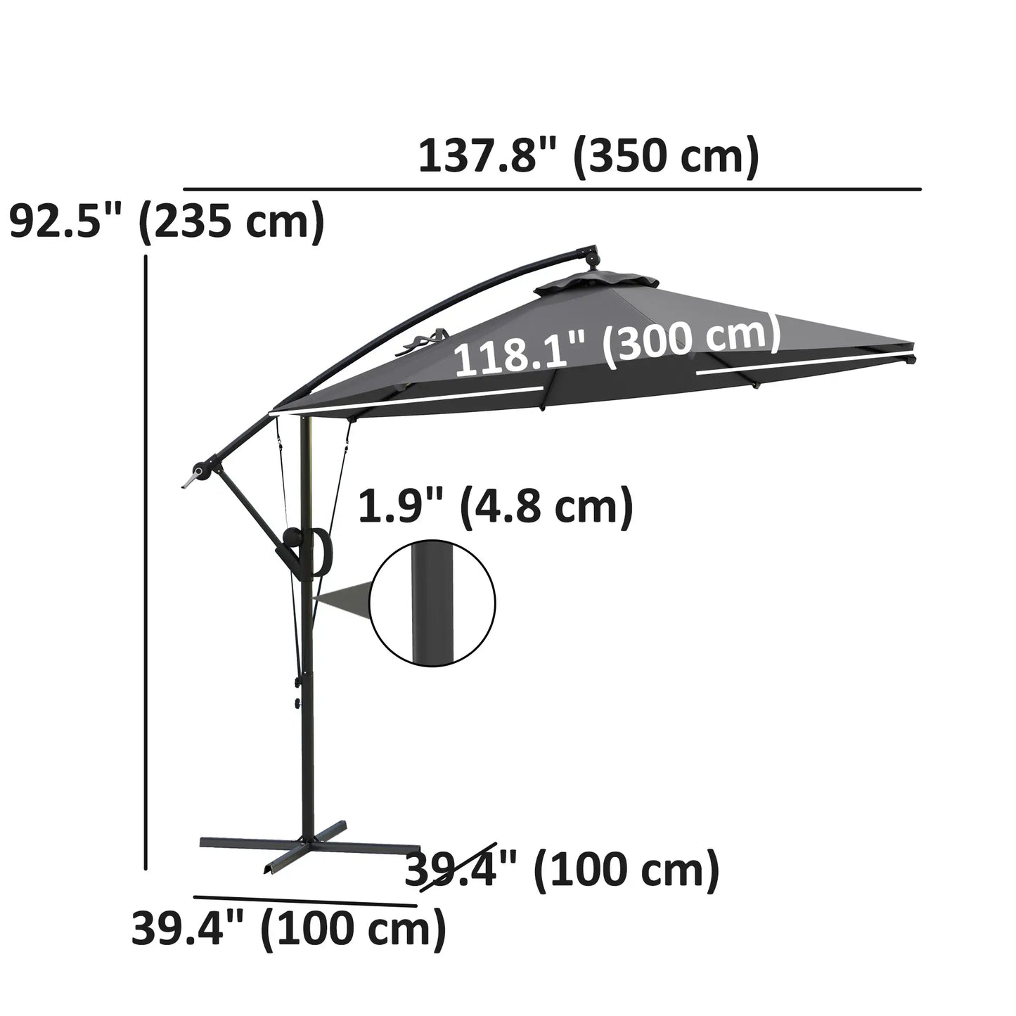 118.1" Patio Offset Umbrella, With Cover, Wind Strap, Crank, Tilt, UPF50+, Grey Offset Cantilever Umbrellas at Gallery Canada