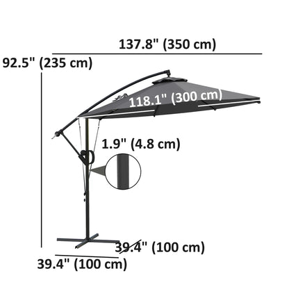 118.1" Patio Offset Umbrella, With Cover, Wind Strap, Crank, Tilt, UPF50+, Grey Offset Cantilever Umbrellas at Gallery Canada