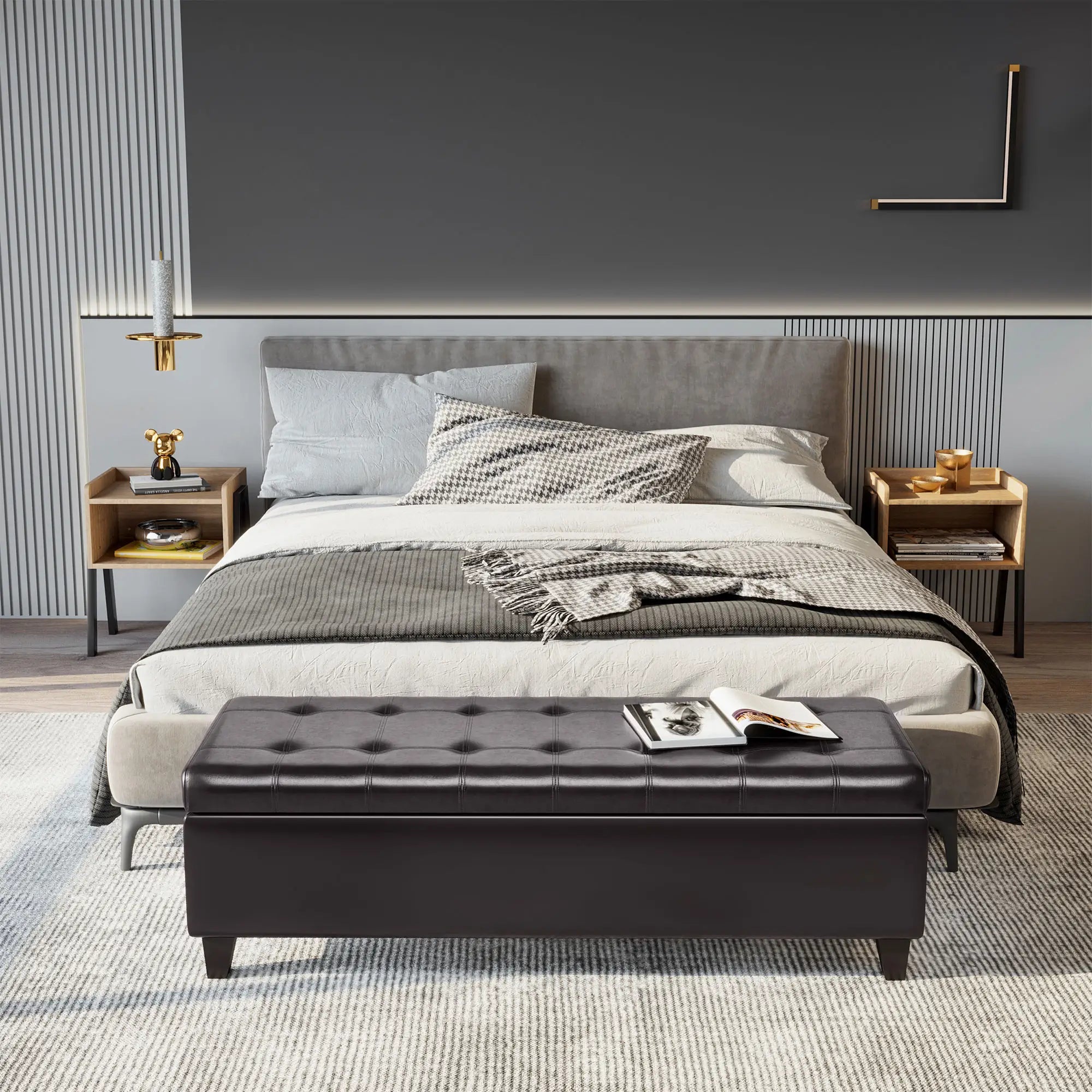 Storage Ottoman Bench, 51 Inches PU Leather, Solid Wood Legs, Brown Storage Ottomans & Benches at Gallery Canada