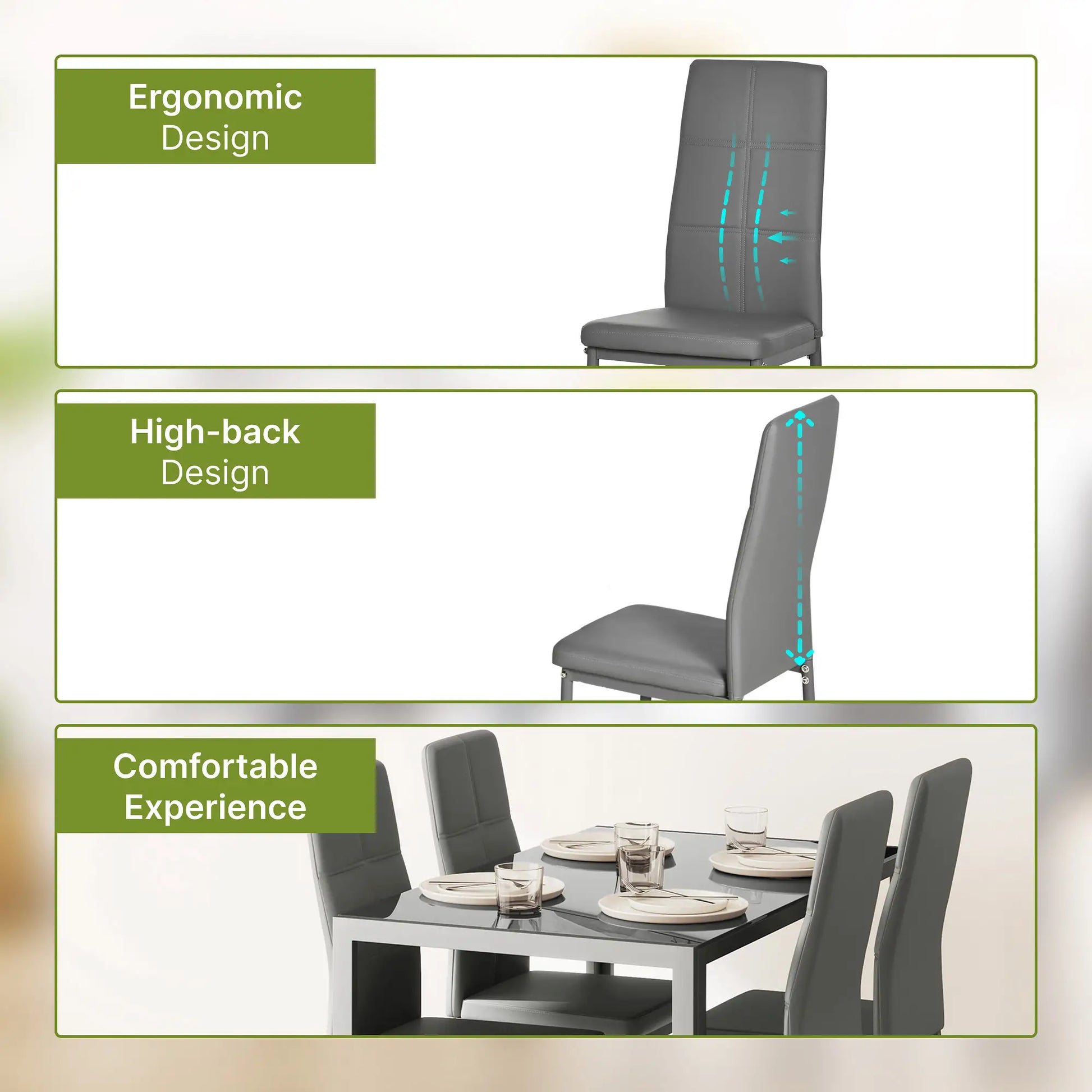 3-Piece Rectangular Glass Kitchen Table and Chairs with Metal Frame and Faux Leather Upholstery for Dining Room, Grey Bar Sets at Gallery Canada