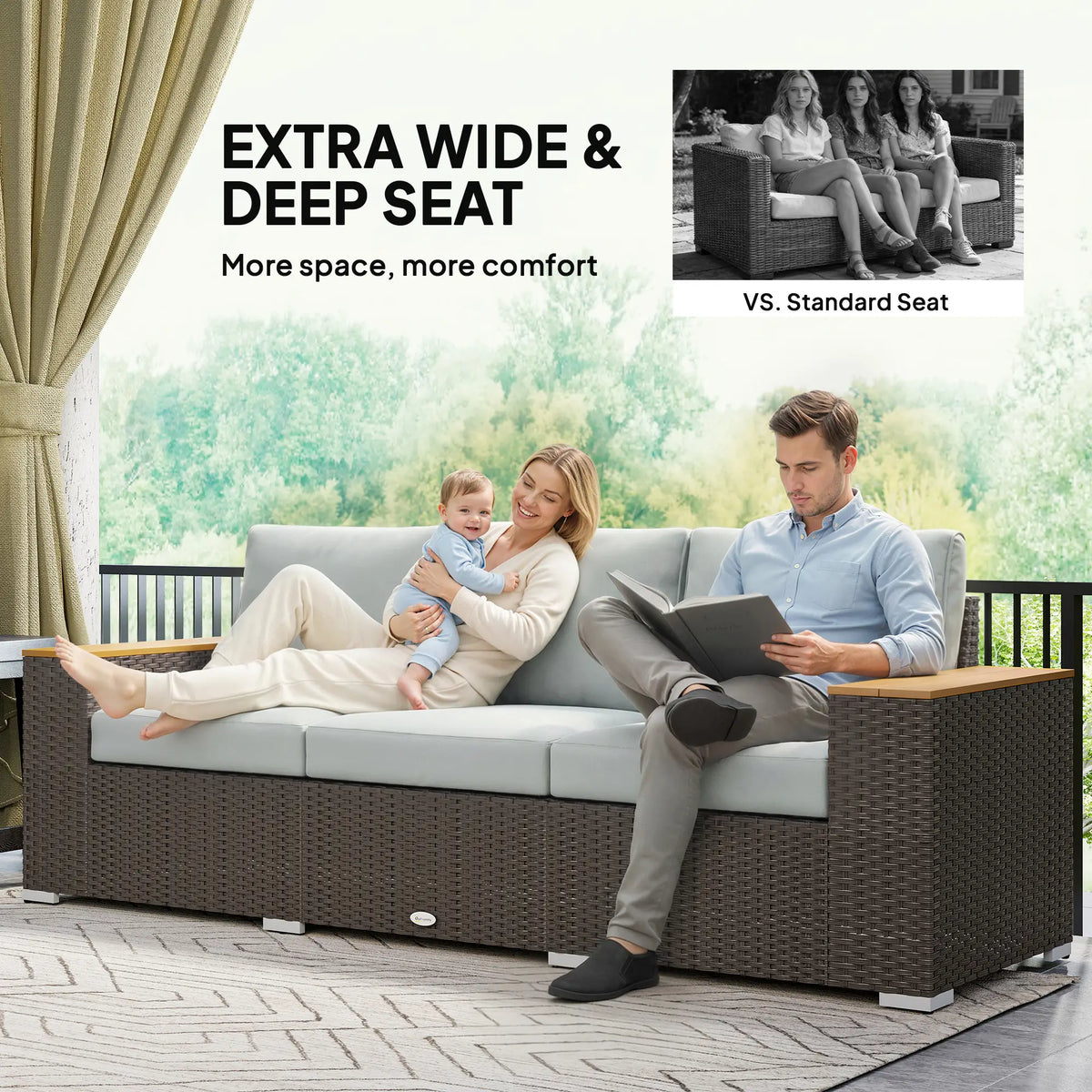 3-Seater Outdoor Sofa, Wicker Patio Couch With Wood Armrests, Grey Patio Furniture Sets at Gallery Canada
