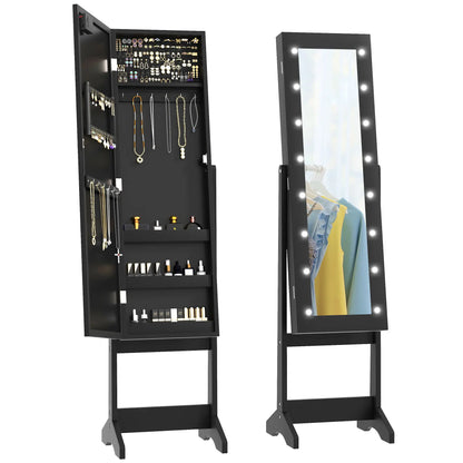 Free Standing Armoire Organizer, Lighted Mirrored Jewelry Cabinet, 16 LED Lights, Black Jewelry Armoire & Jewellery Mirror Cabinets Black at Gallery Canada