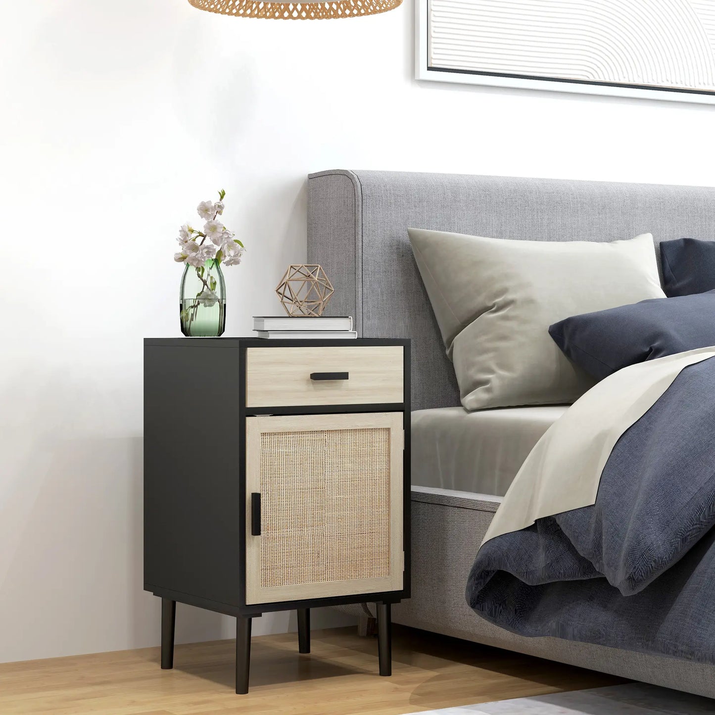 Boho Bedside Tables Set of 2, Nightstands with Drawer, Rattan Cabinet, Black Bedside Tables at Gallery Canada